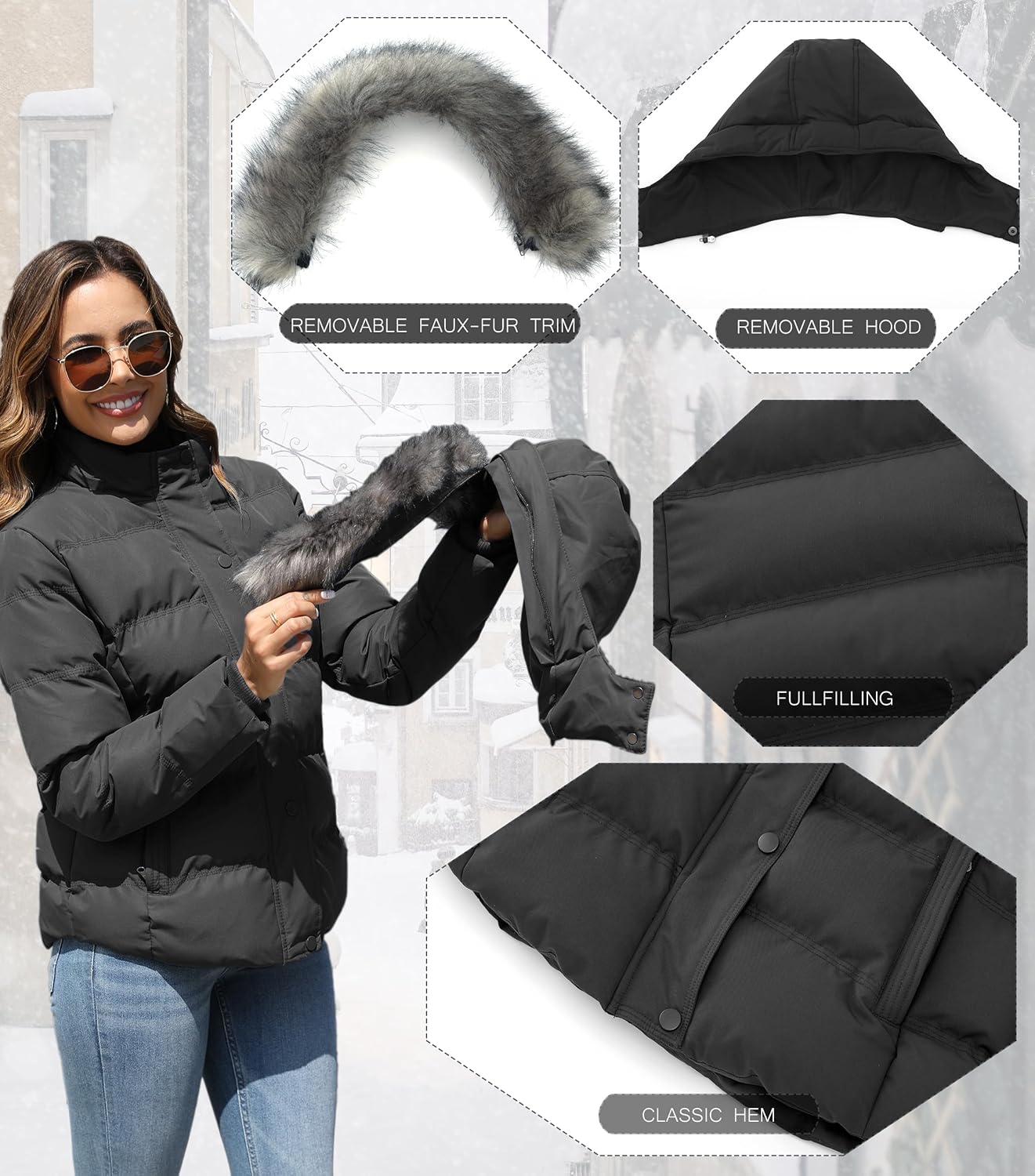 GGleaf Women’s Hooded Warm Winter Coat Quilted Thicken Puffer Jacket with Removable Fur Hood