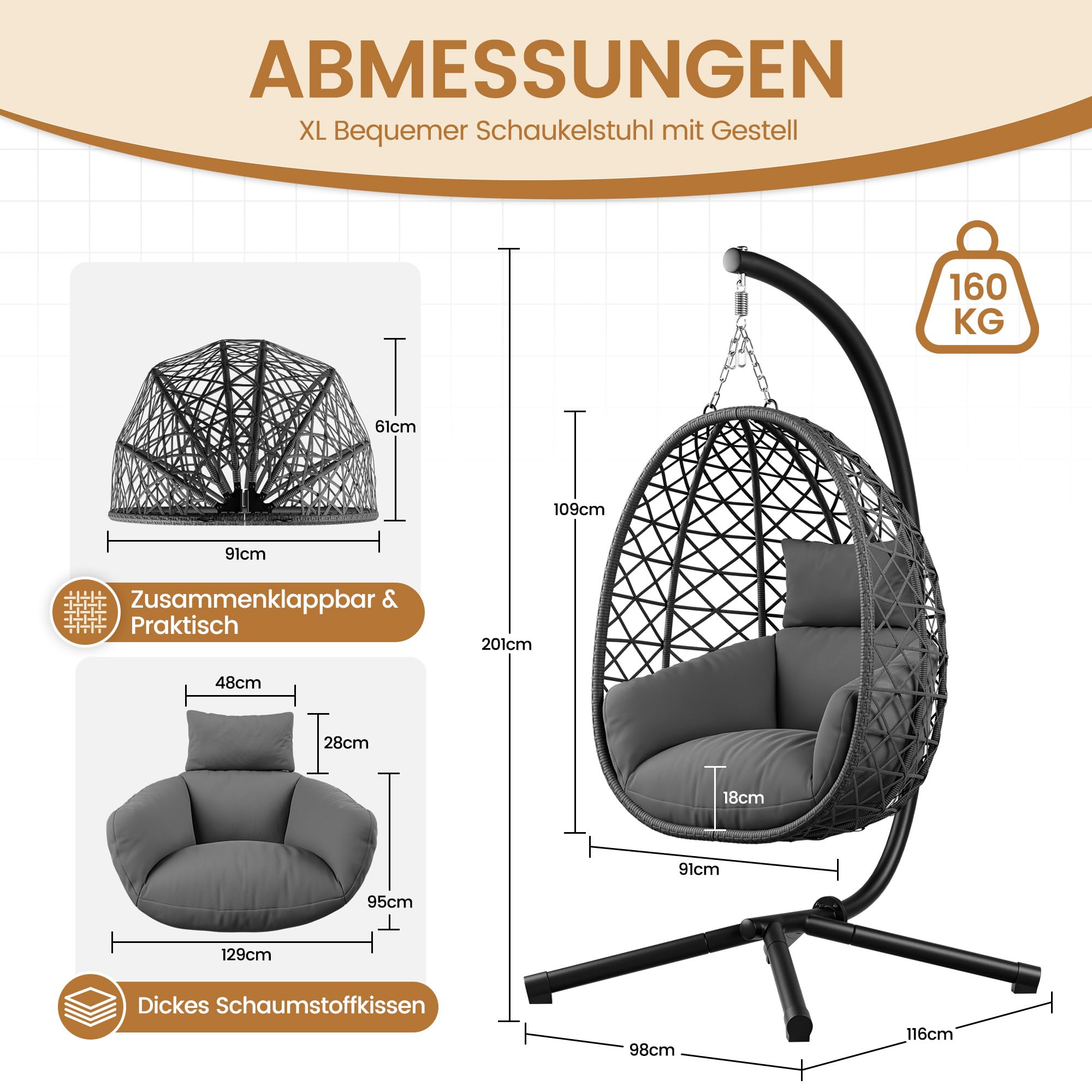 UDPATIO Hängesessel Outdoor mit Gestell, Indoor Hängeschaukel, Hängestuhl bis 160kg, Relaxschaukel mit 18cm Dicke Kissen, Schaukel Sessel Garten, Balkon, Grau