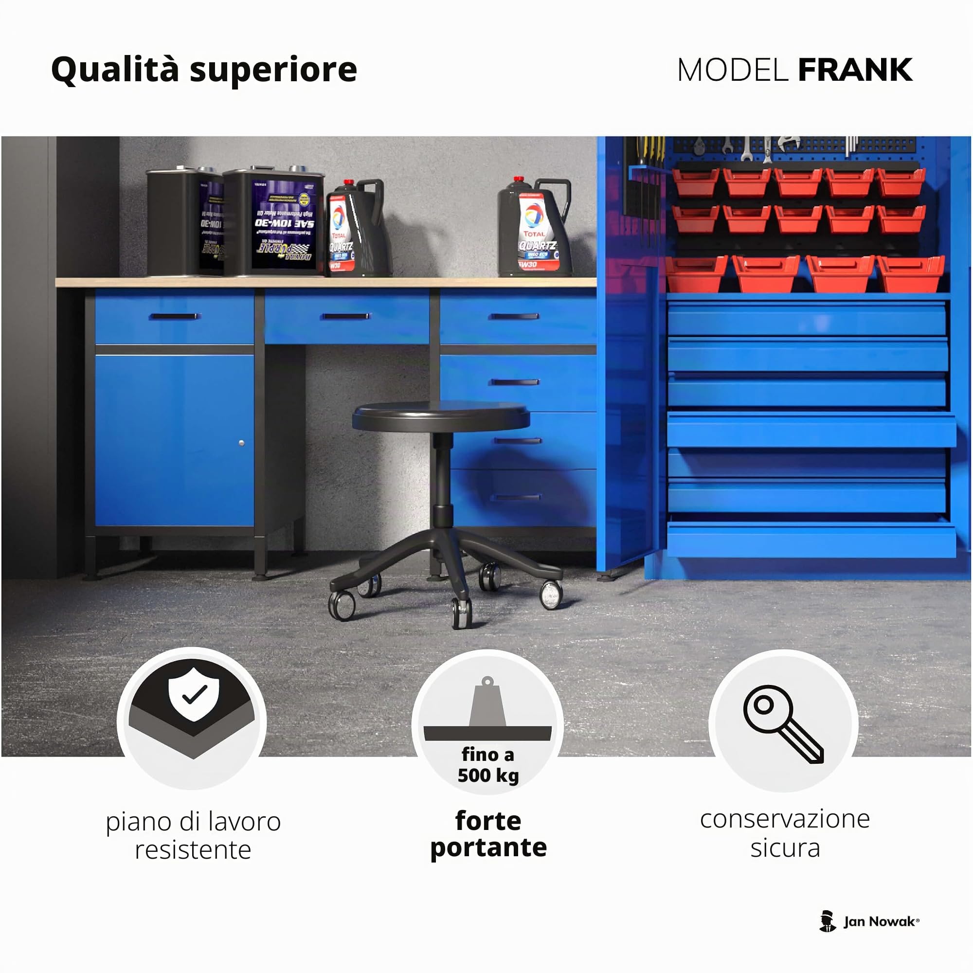 Jan Nowak Banco da lavoro con piano di lavoro con 6 cassetti scomparto con chiave Piedi regolabili Piano di lavoro in MDF Caricabile fino a 500 kg In metallo 170 cm x 60 cm x 85 cm (Nero)