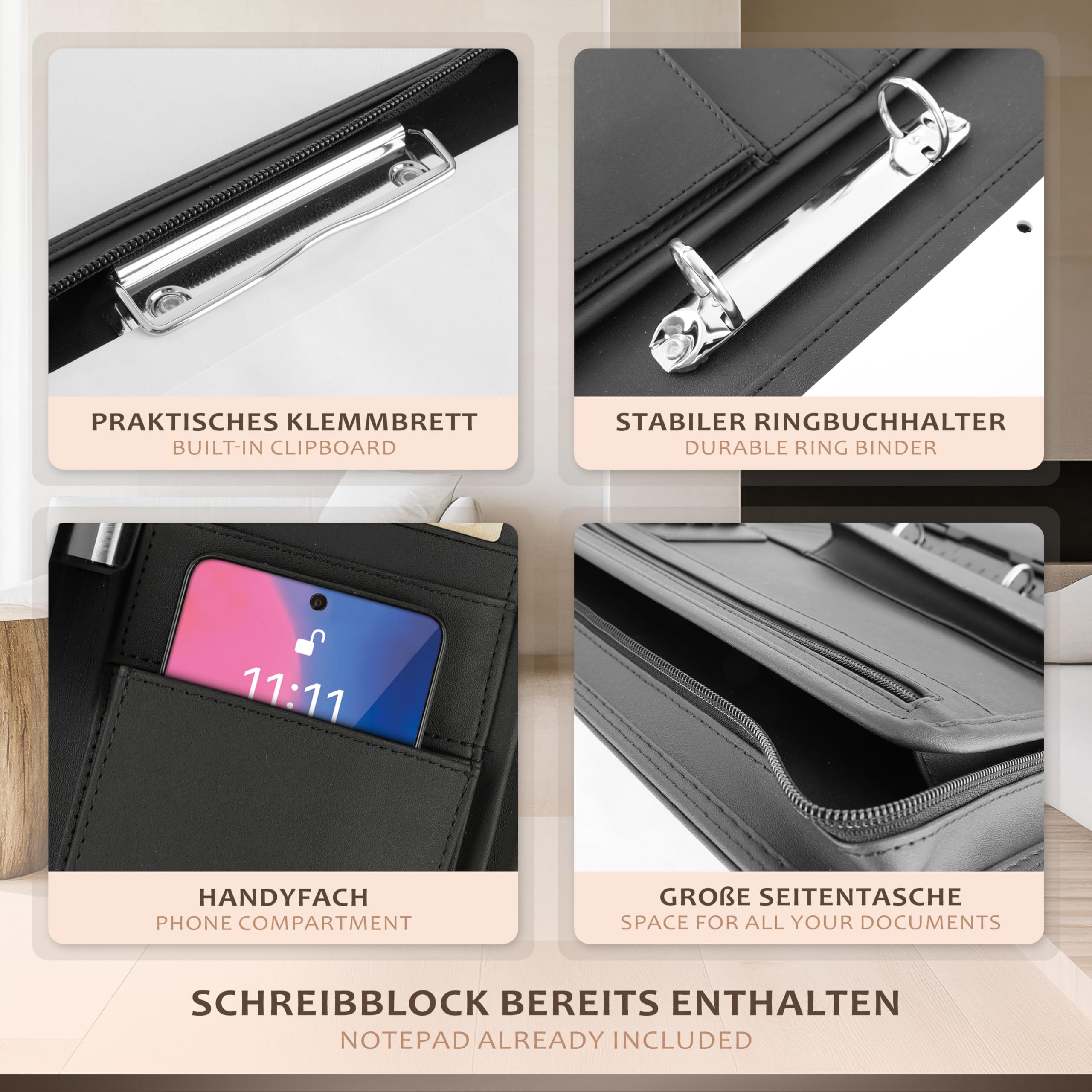 ONVAYA® Konferenzmappe A4 mit Reißverschluss & Ringbuch - Schreibmappe aus Kunstleder - Dokumentenmappe mit Schreibblock & Locher - Business Mappe für Meetings - Praktische Aktenmappe