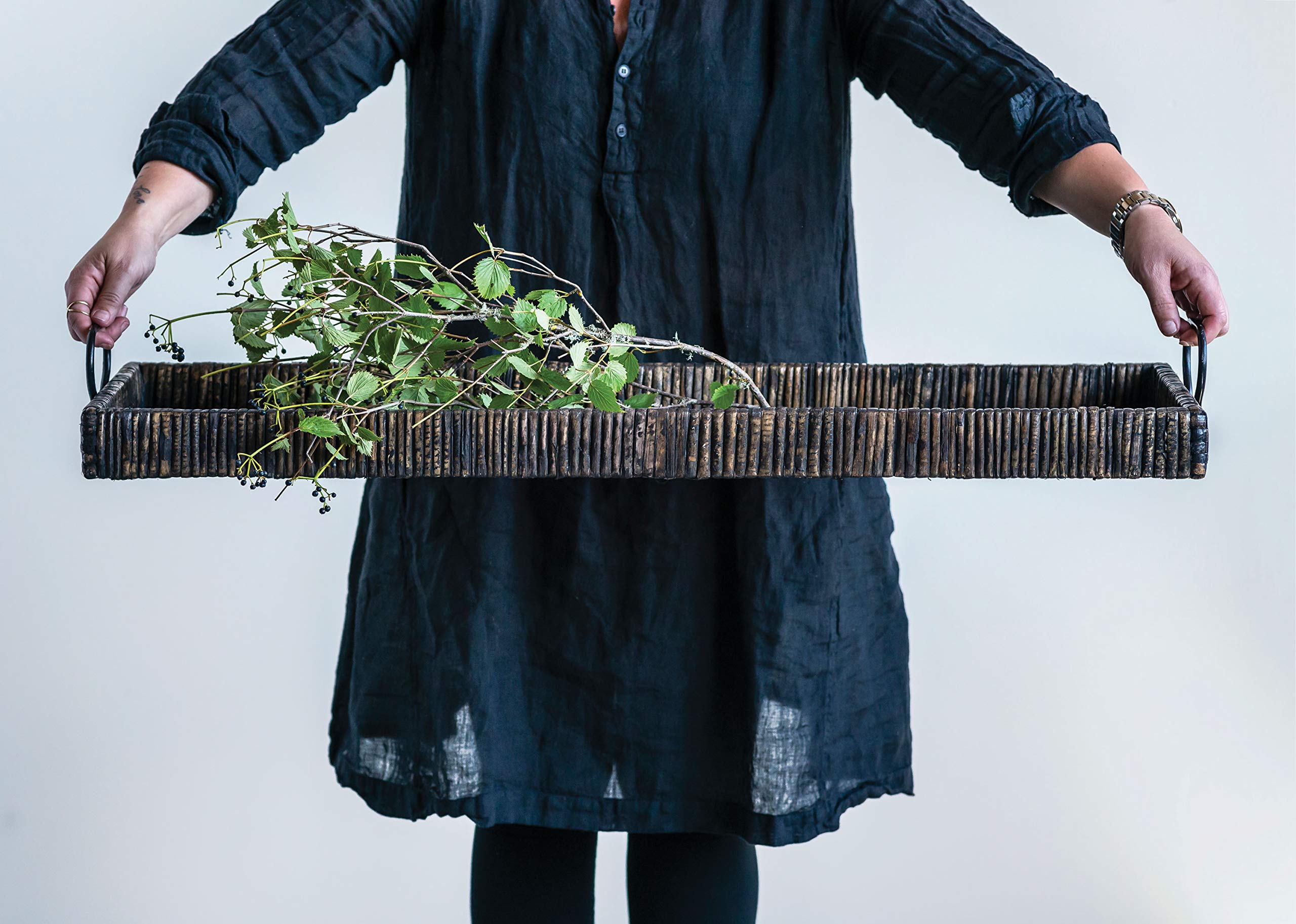 Creative Co-Op Black Rattan & Wood Tray with Handles