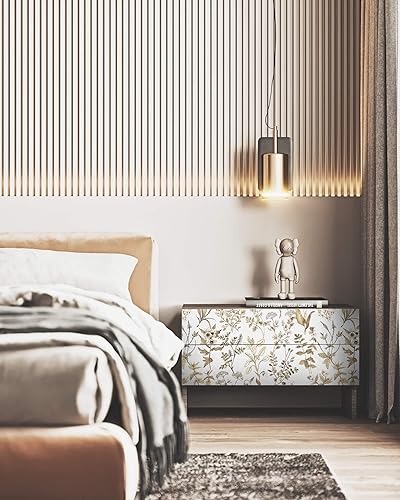 Miniatura 3 de Dimoon Papel tapiz de 78.7 x 16.1 pulgadas, delicado papel tapiz floral para despegar y pegar, blanco, dorado, grueso, impermeable, hojas vintage,