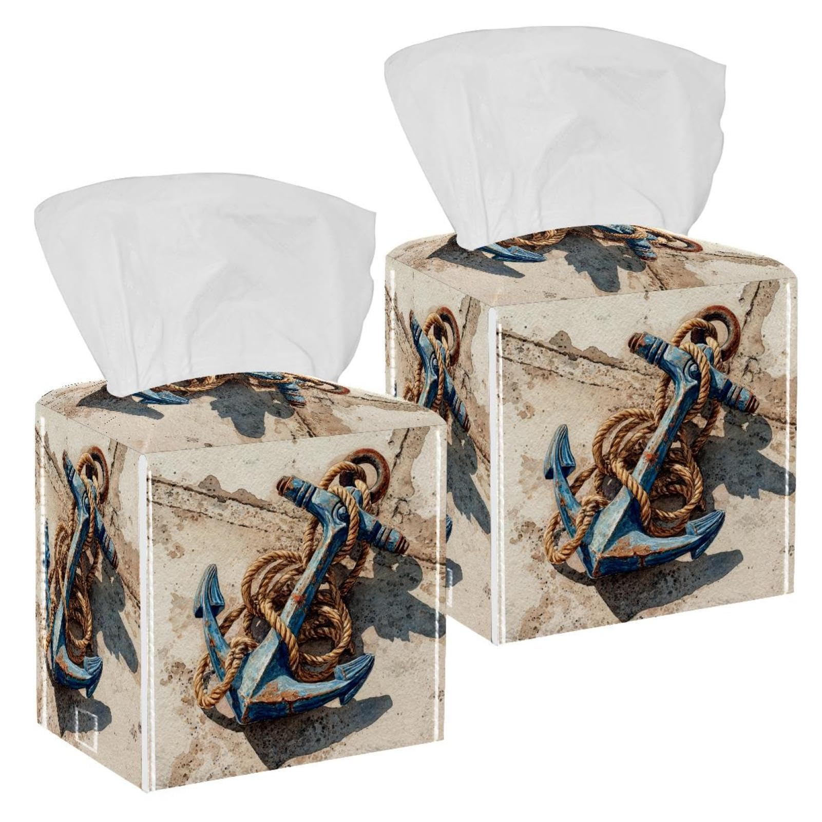 Beach and Anchor Tissue Box Cover, 2 Pack PU Leather Square Facial Tissue Dispenser Box holder for Home Office Car