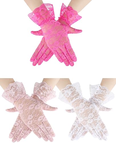 Skylety 3 pares de guantes de encaje floral para mujer, elegantes guantes cortos de encaje para mujer, guantes de fiesta de té para ópera, boda,
