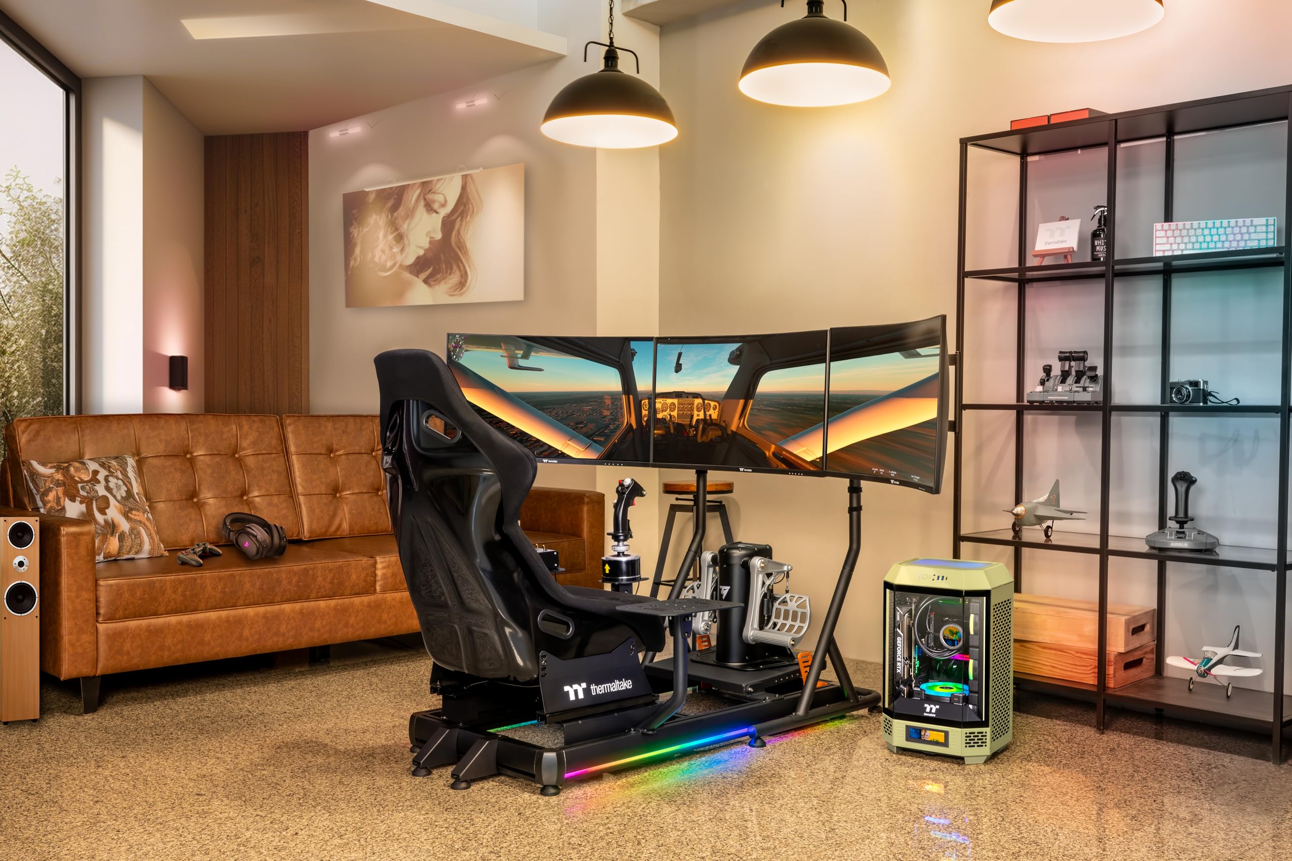 Thermaltake GF500 Flight Simulator Cockpit Schwarz | Flight Sim Rig | Alu/Stahl Rahmen | Fiberglas Sitz | verstellbare Yoke/Joystick/Pedal Mounts | Sitzschiene 22 cm | bis 120 kg