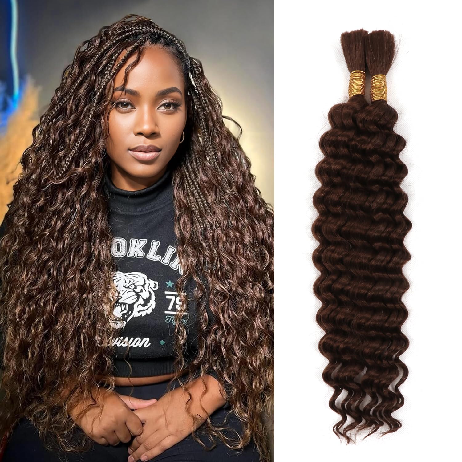 Boho Braids Human Hair Extensions 100g 2 Bundles No Weft Human Braiding Hair for Knotless Braids Wet and Wavy Deep Wave Bulk Human Hair For Women (4#