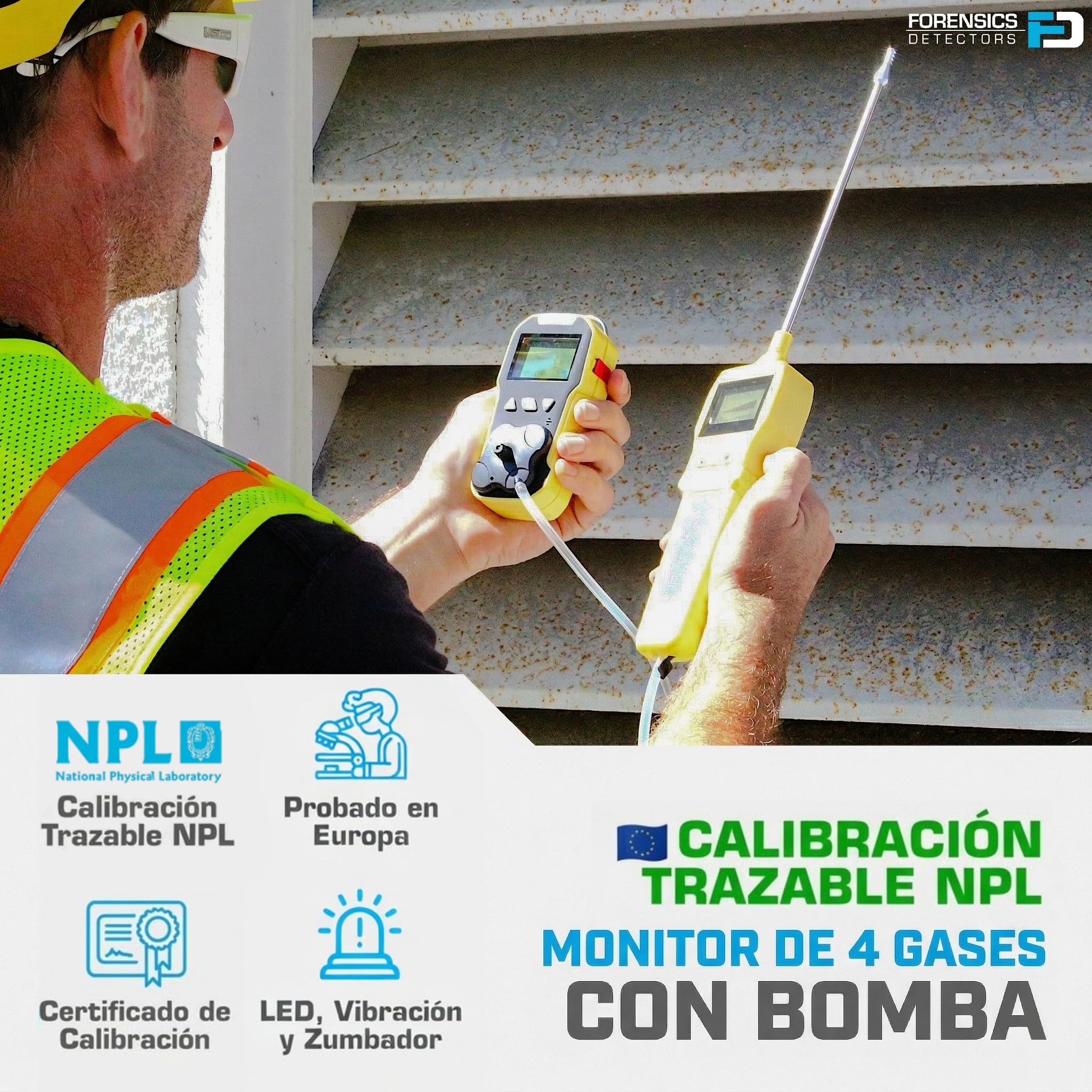 Medidor MULTIGAS Básico con Bomba | Certificado de Calibración EU | O2, CO, H2S, LEL | Recarga USB | Pantalla Grande con Retroiluminación