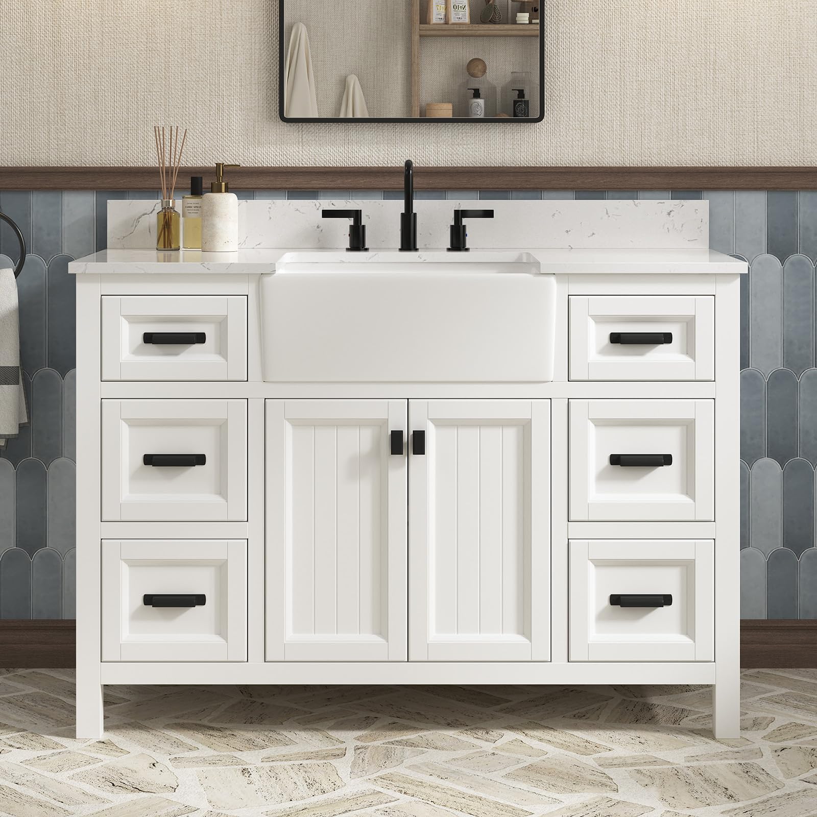 DELUXE LIVING 48 Inch Bathroom Vanity with Sink, Farmhouse Bathroom Sink Cabinet with Adjustable Feets, Solid Wooden Frame Single Sink Bathroom Vanity