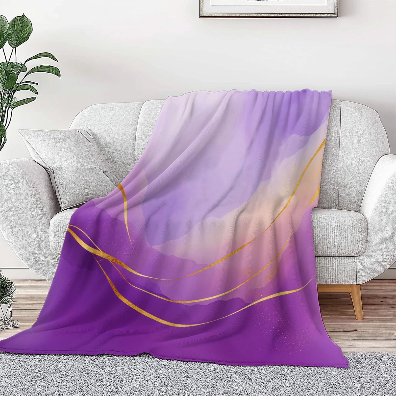 Manta Franela para Cama 220 x 240 cm, Suave Cálida Mármol Lila Dorado Líneas Manta Invierno Calentitas Transpirable Ligera Elegante Soñador para Adulto Infantil Mujer Hombre