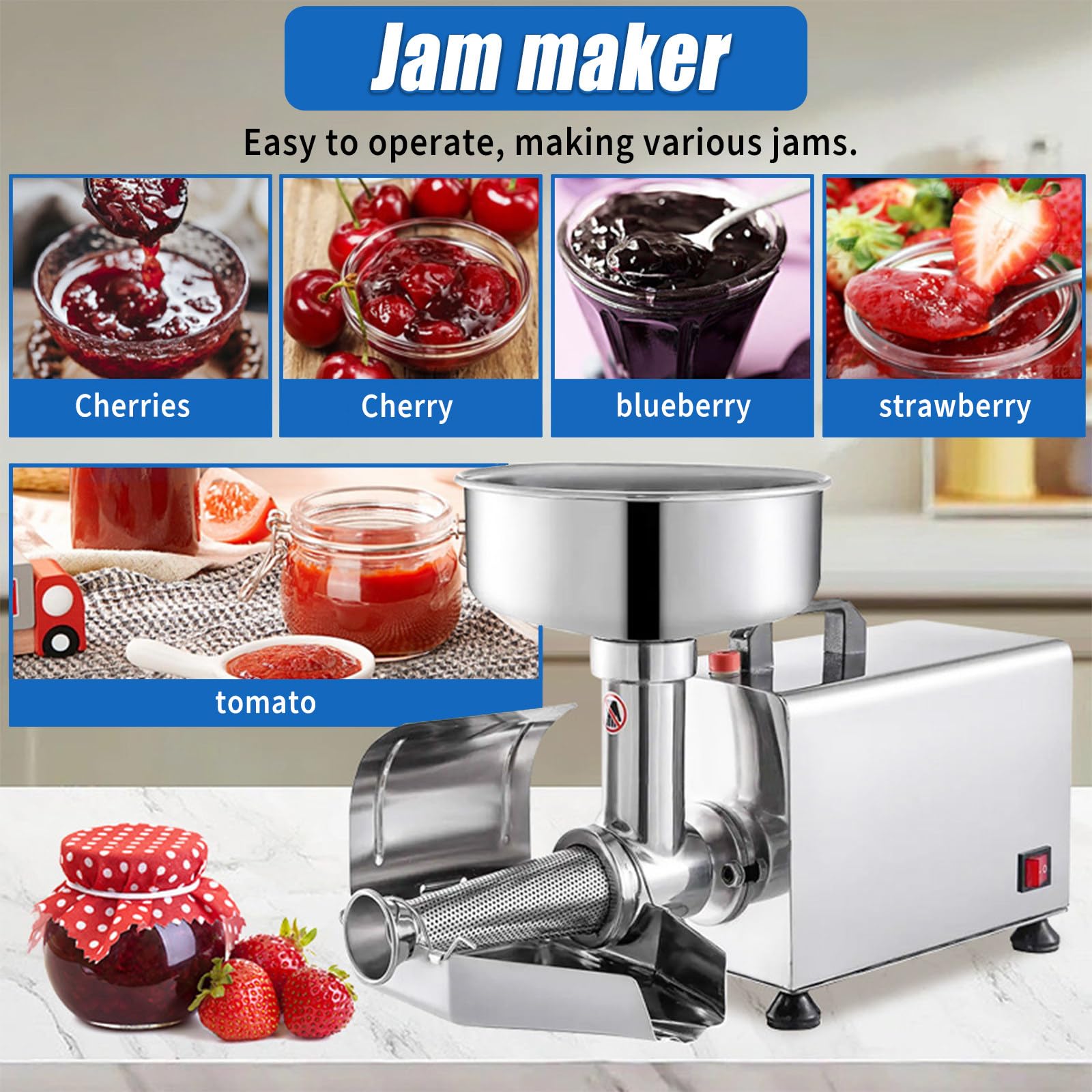 Frantoio elettrico per pomodori e marmellata, in acciaio inox da 450 W, con grande scivolo da 21,6 cm per macinare pomodoro, fragola, salsa di mirtilli