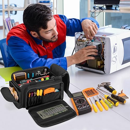 Miniatura 8 de Bolsa de herramientas de 12 pulgadas con parte inferior antifricción, bolsa organizadora de almacenamiento de herramientas de mano para hombres,