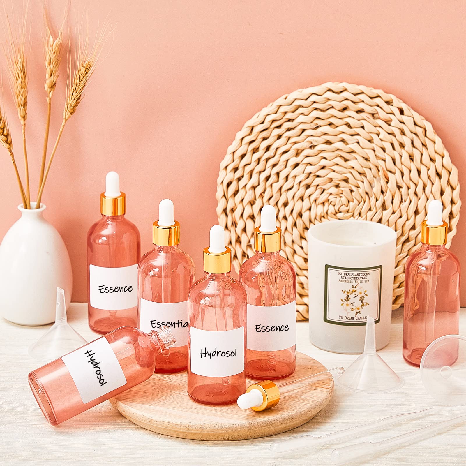 20 Pack 3.4 oz Glass Dropper Bottle with Top Cap Empty Tincture Bottles with Dropper, 4 Plastic Eye Droppers Measured Pipettes, 4 Funnels, 2 Sheets Label Stickers for Lab Perfume (Pink)
