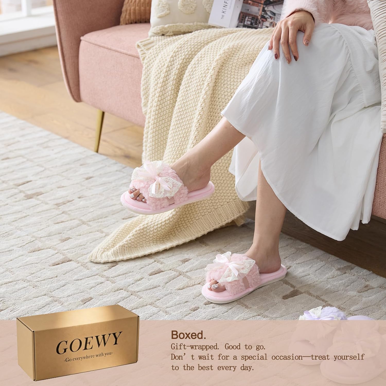 Women's Open Toe Memory Foam Slippers - Cute Fuzzy House Shoes with Lace Bow, Soft Plush Slides for Indoor Comfort, Cozy Non-Slip Gift Gifts for Women Mom Ladies - Image 2