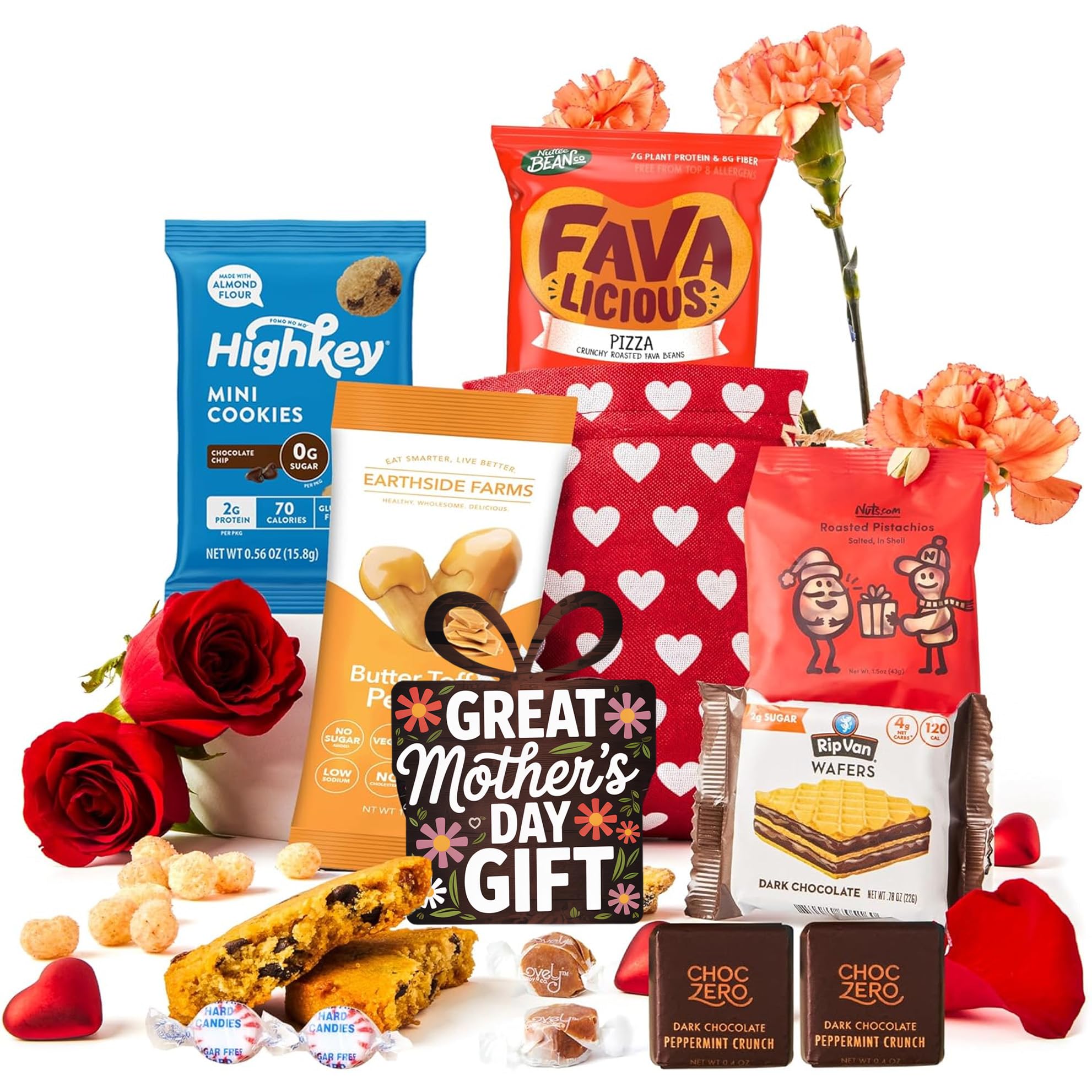 Diabetic Keto Snacks Mother's Day Gift Bag - Goodie Bags Prefilled With Healthy Keto & Diabetic Treats & Snacks in a Cute Red Heart Design - High Protein Chocolates, Bars & More