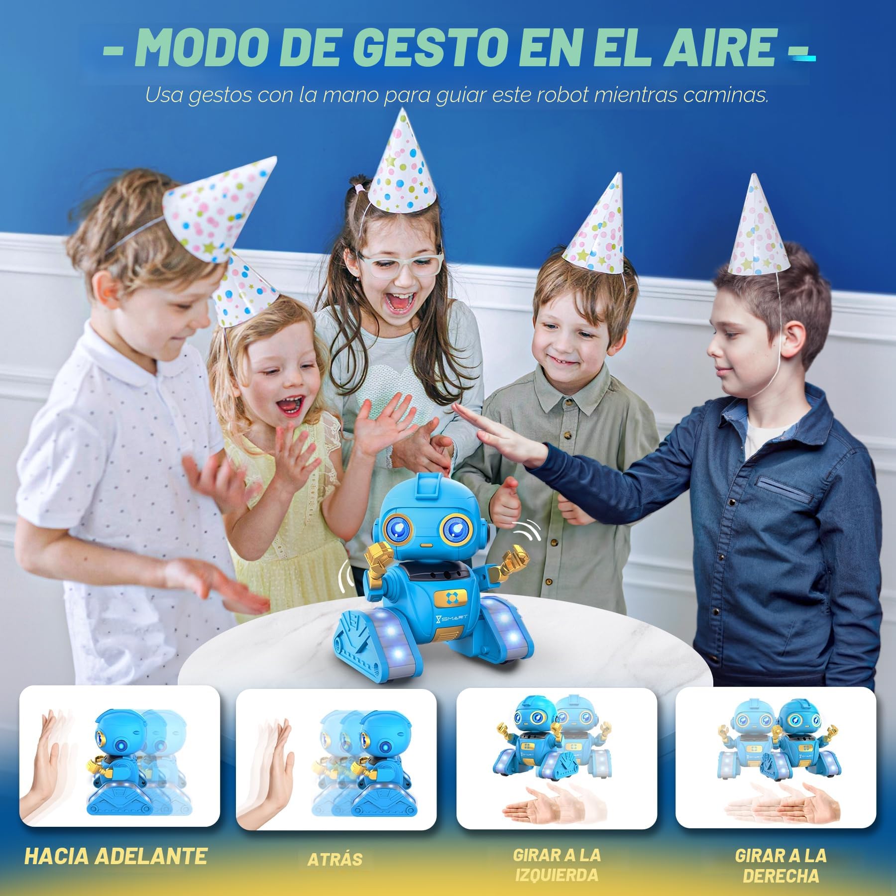 Ophy Robot Niños Juguetes Recargables y Proyectables RC Robot con Ojos LED y Música Juguete RC con Sensor de Gestos para A Partir de 3 4 5 6 7 8 9 10 años Regalo Azul Víspera de Todos los Santos