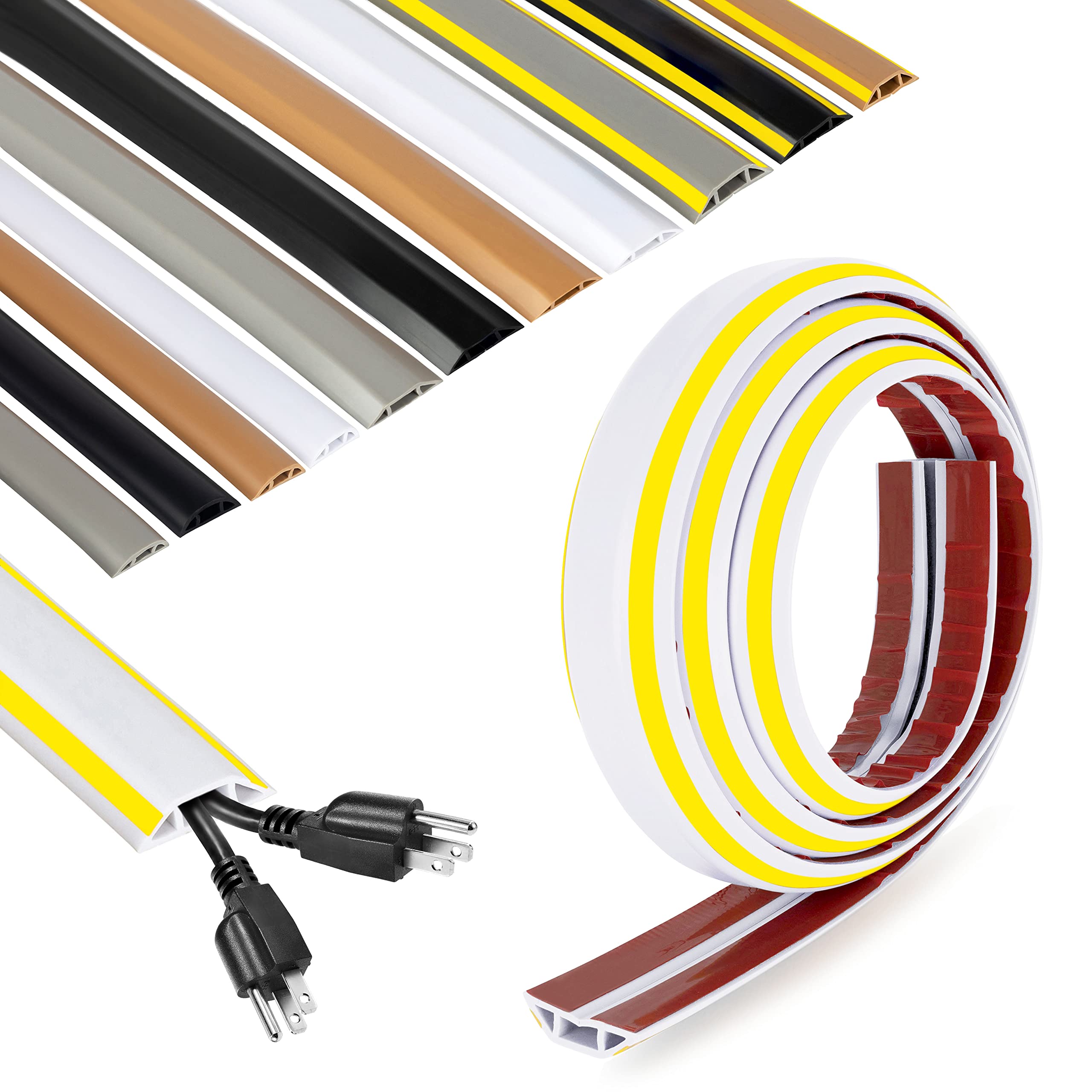 Rubber Bond Cord Cover Floor Cable Protector - Strong Self Adhesive Floor Cord Covers for Wires - Low Profile Extension Cord Covers for Floor & Wall - White Stripped - 2 Thick Cords - 8 Feet