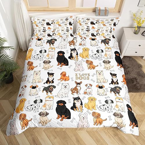 Erosebridal Juego de funda de edredón para perros con texto en inglés "I Love Dogs", juego de ropa de cama con 2 fundas de almohada, decoración de