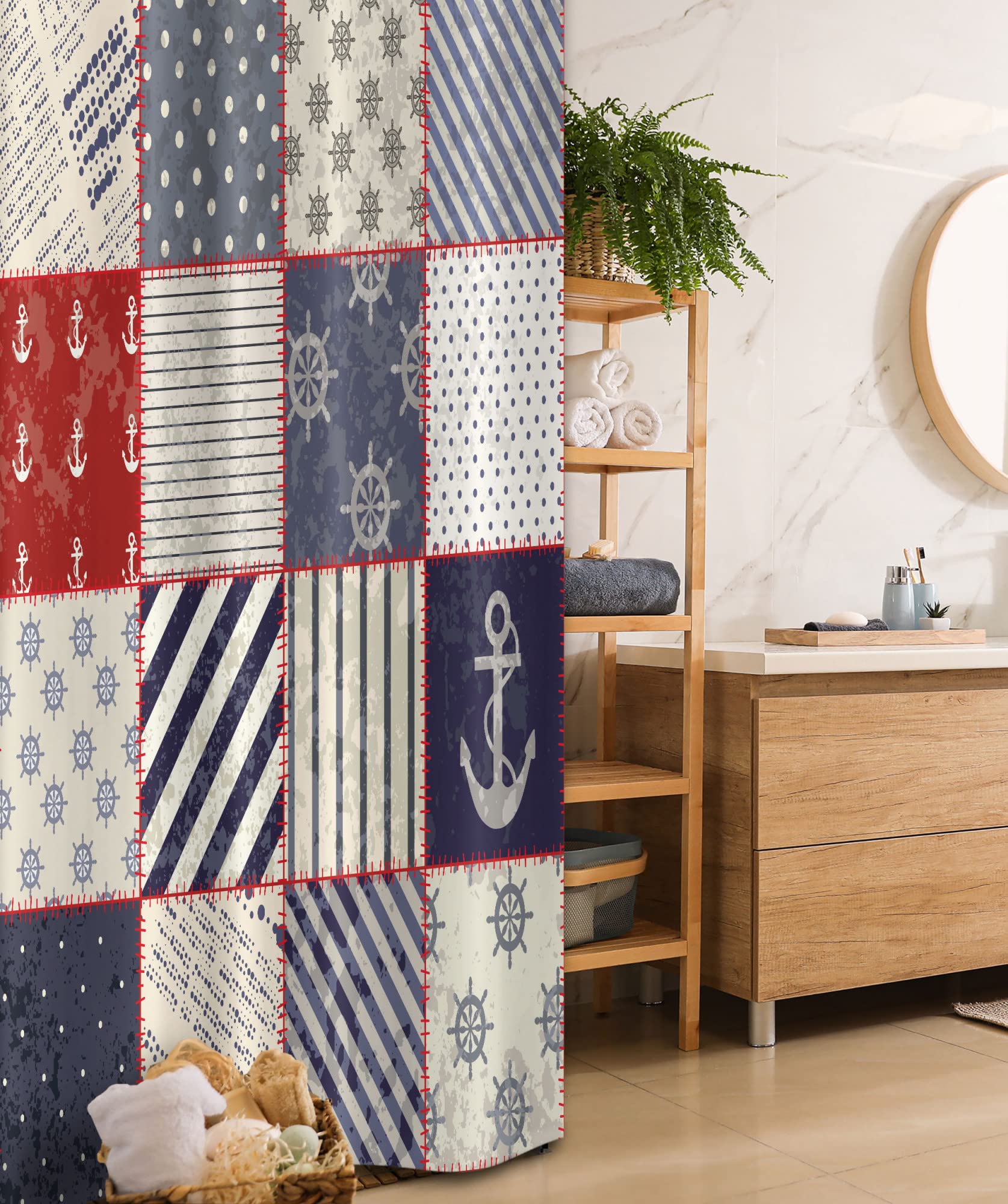 Ambesonne Nautical Stall Shower Curtain, Maritime and Marine Life Design Vintage Sailor Knot Anchor Motifs, Fabric Bathroom Decor Set with Hooks, 36"