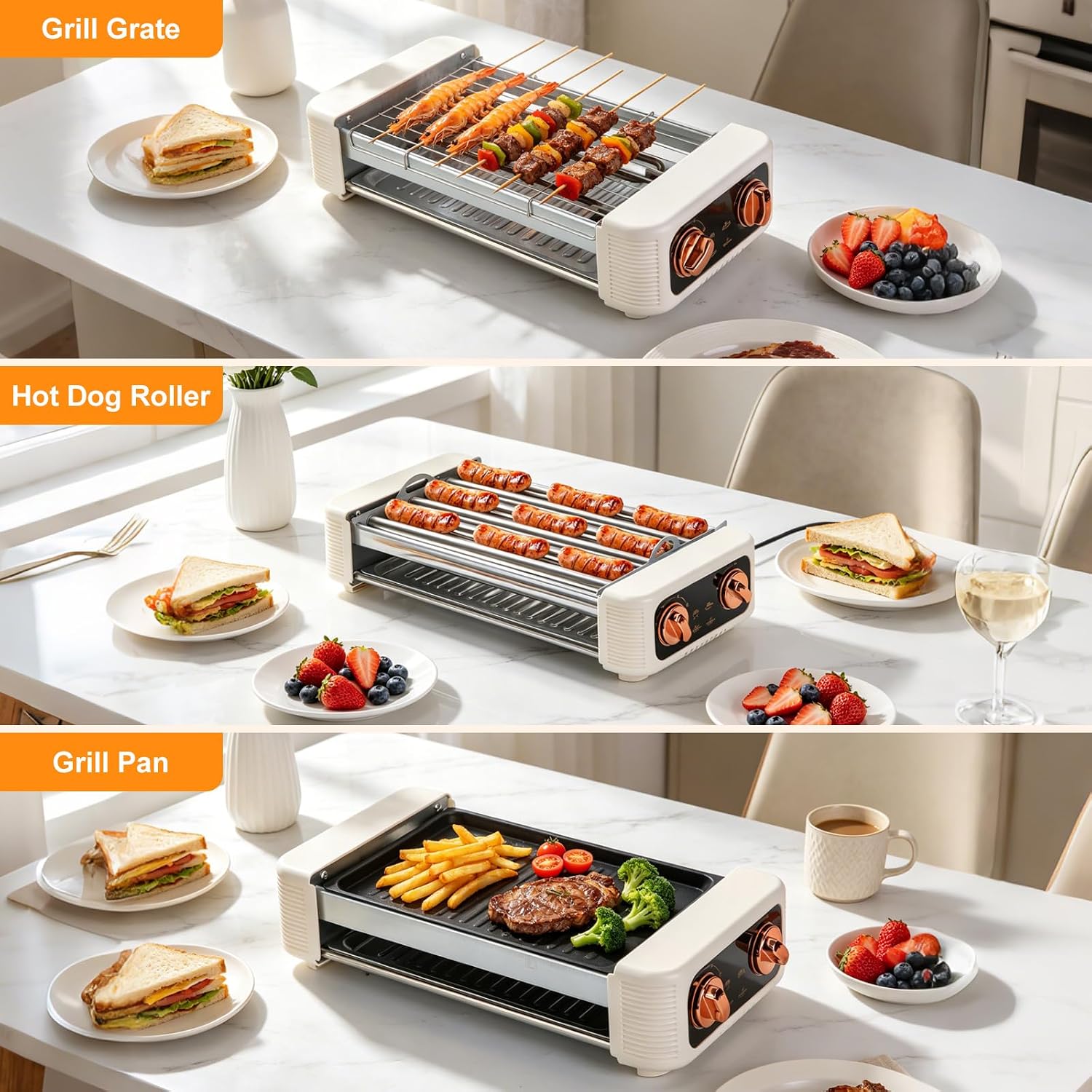 Hot Dog Roller Machine, 3-in-1 Electric Sausage Griller with 6 Auto-Rotating Rollers, Hot Dog Cooker Smokeless Non-Stick Indoor Outdoor with 3 Temp Levels for BBQ Sausages Skewers Burgers Vegetables