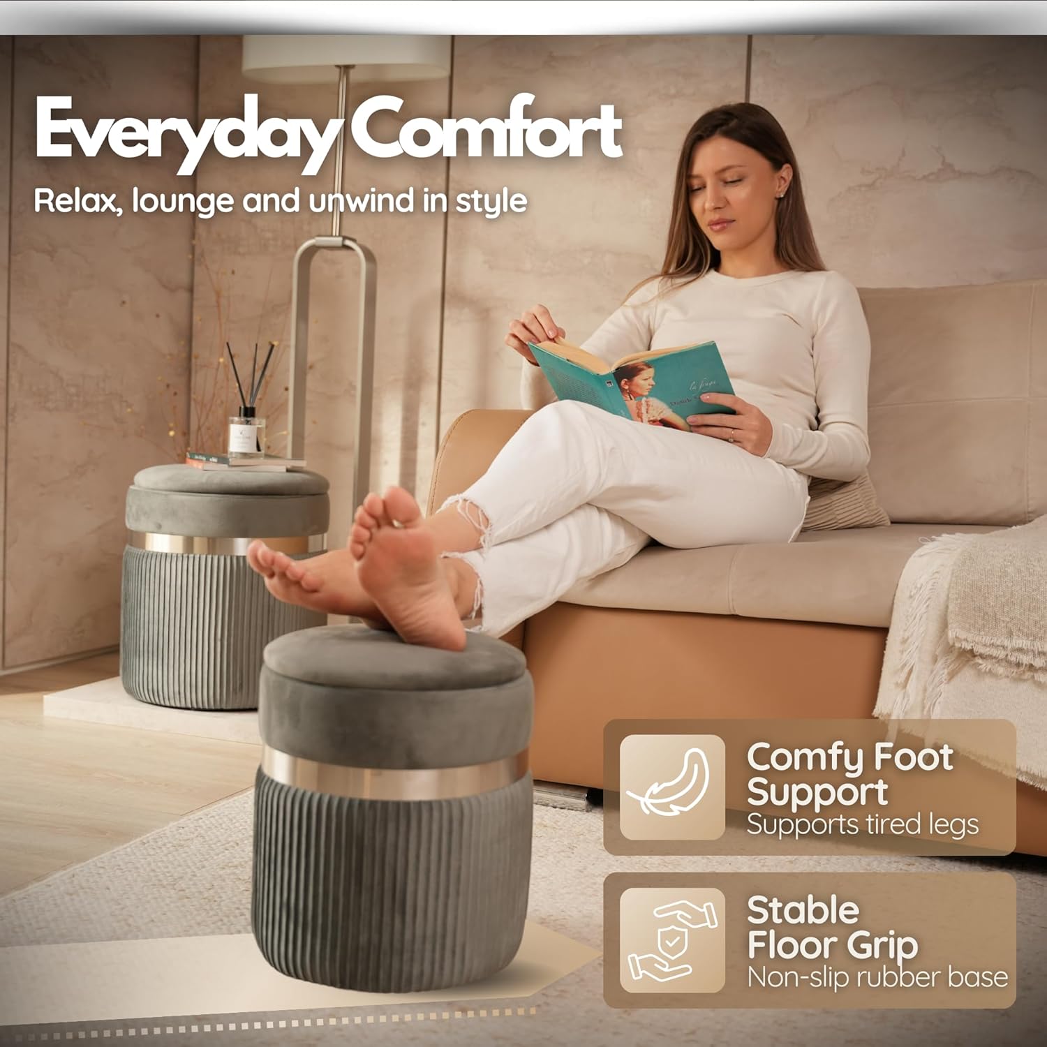 Round Storage Ottoman Set of 2 - Grey Ottoman with Storage for Living Room - Velvet Vanity Stool and Footrest - Round Nesting Ottoman Stools for Bedroom Makeup Area - Grey - Hidden Storage