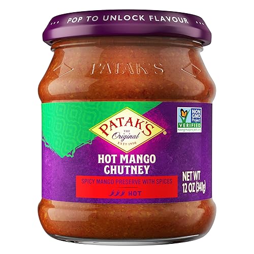 Patak's Hot Mango Chutney - 12 onzas (paquete de 3) con mangos, chile rojo seco y especias, sin sabores ni colores artificiales, sin gluten, apto