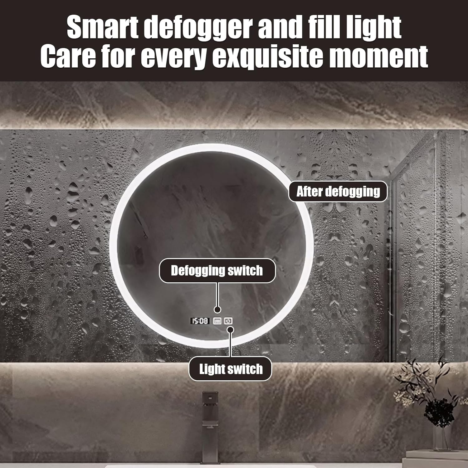 Close-up of the LED mirror showing touch controls for the defogging switch and light switch, with a visual representation of the mirror before and after defogging.
