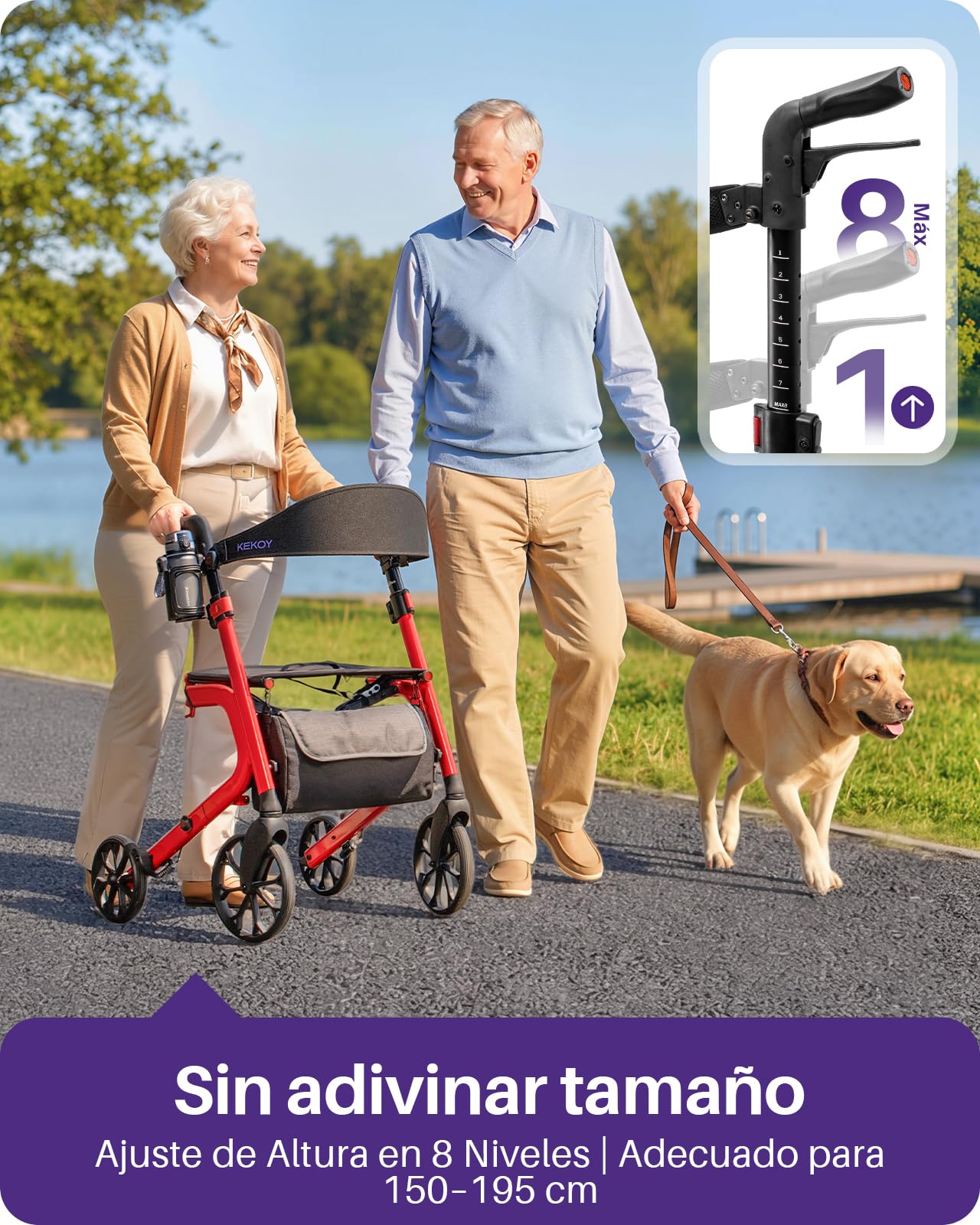 Kekoy K2 Andador para ancianos con asiento plegable de aluminio, regulable en altura, 181 kg de carga, andadores adultos con cojín de asiento de 44 cm, respaldo y bolsa de almacenaje, rojo