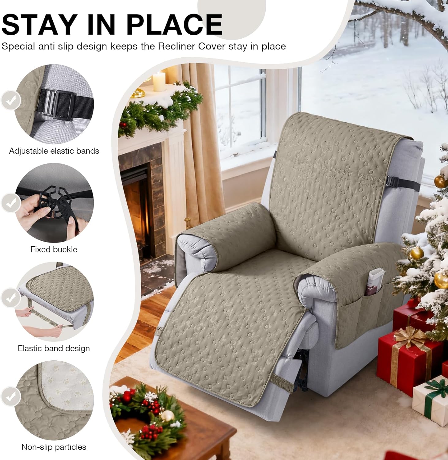 VANSOFY 100% Waterproof Recliner Chair Cover, Recliner Cover with Non-Slip Granule, Washable Reclining Chair with Pocket Furniture Protector for Kids, Pets(Khaki, 20")