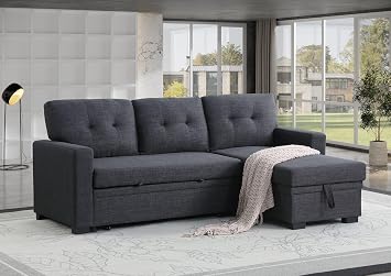 ACQCA 82" Convertible Sectional Sleeper Sofa with Storage Chaise, L Shaped Pull Out Couch Bed with 3 Tufted Back Cushion for Living Room, Apartment,Office,Dark Gray
