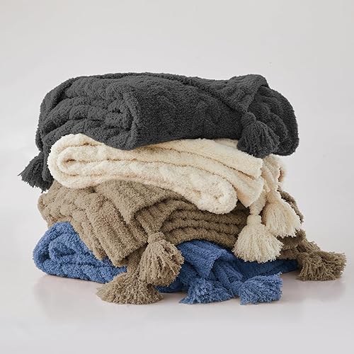 Miniatura 6 de HORIMOTE HOME Manta de felpilla de punto grueso para sofá con borlas, manta suave y acogedora para sofá, silla y cama, color azul, 50 x 60 pulgadas