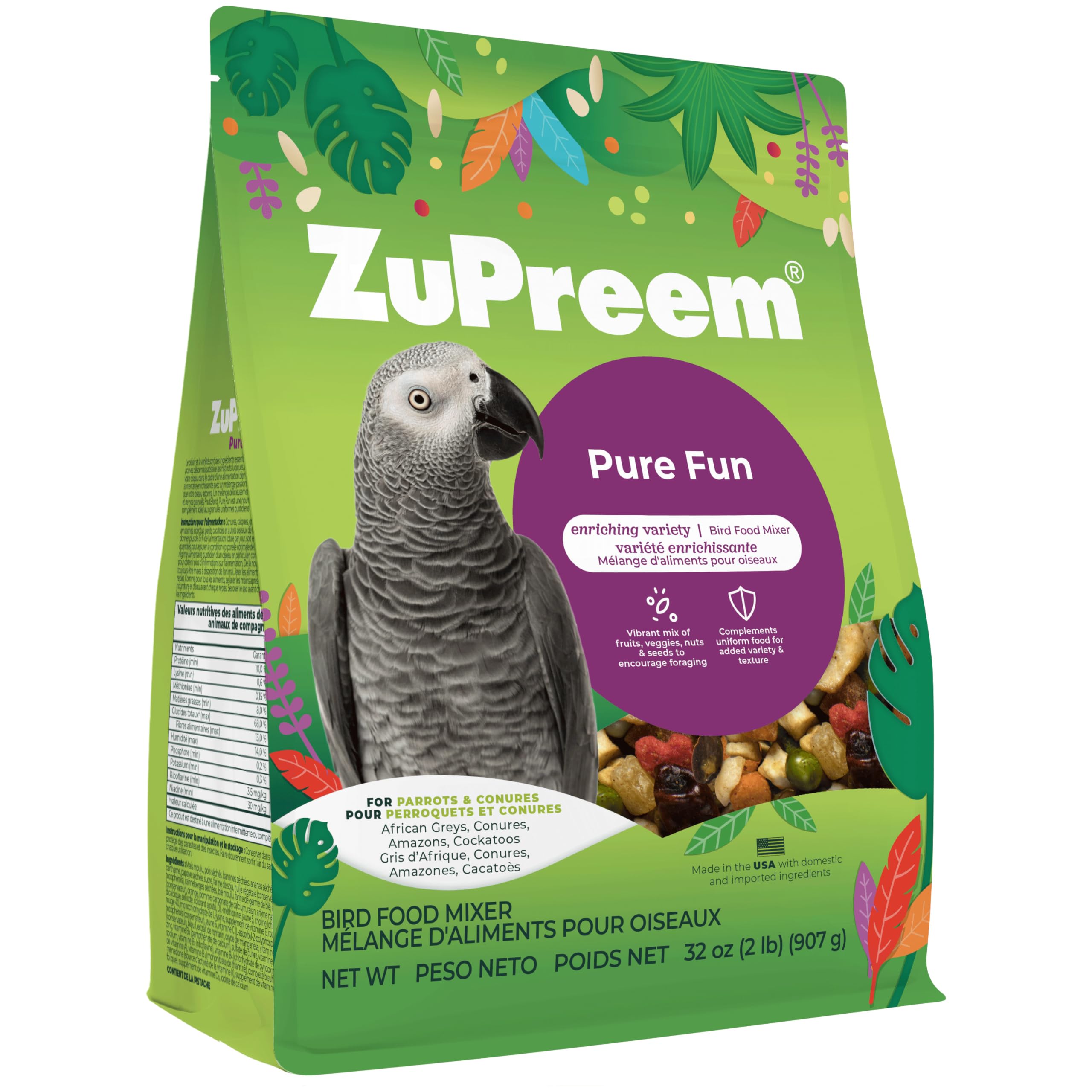 ZuPreem Pure Fun Parrot & Conure Food, Bird Food Mixer, M/L, 2 lbs Pure Fun Seed & Pellet Blend 2 Pound (Pack of 1)