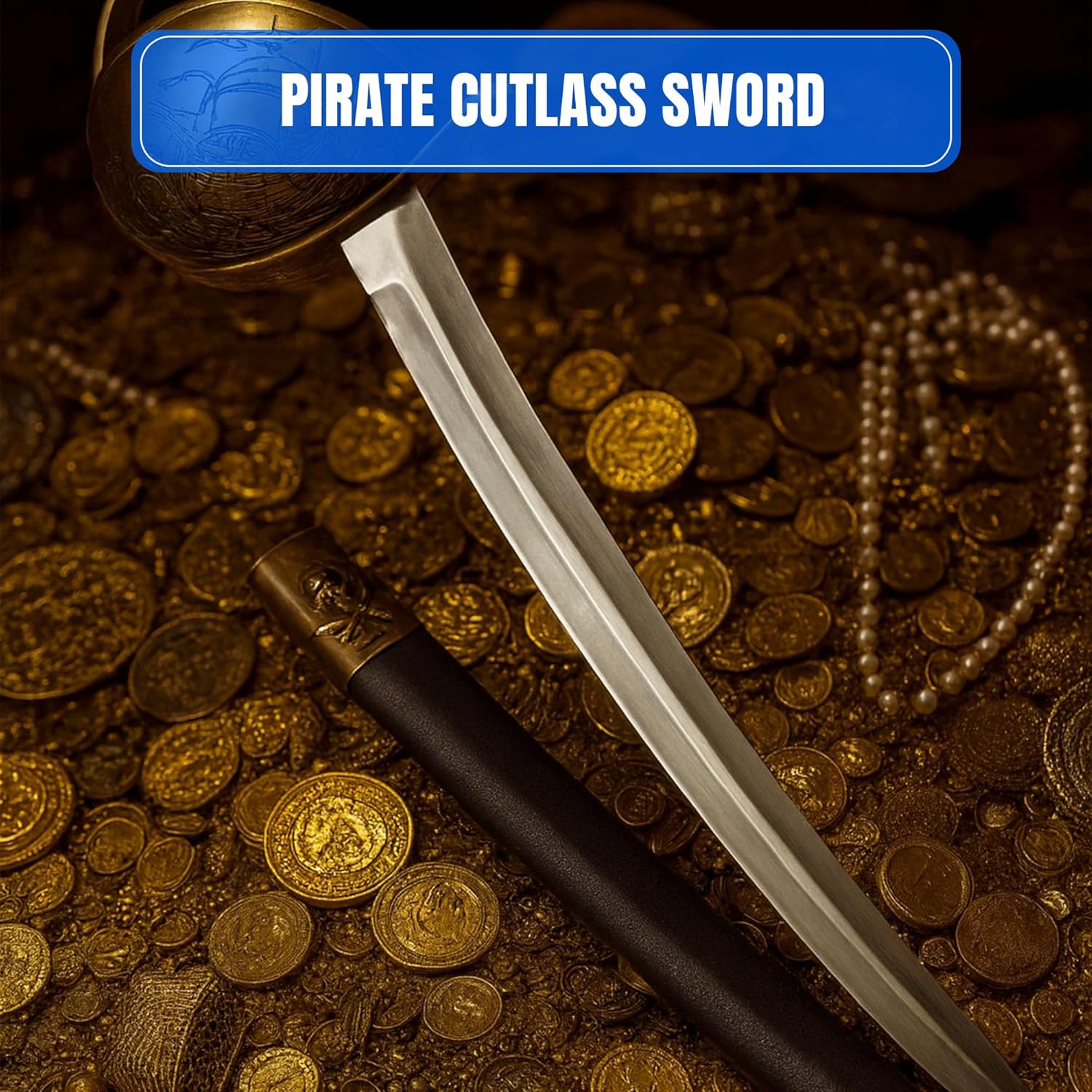 SZCO Supplies 29.5” Pirate Cutlass Sword - Real Swords for Adults with Stainless Steel Blade, Brass Hand Guard and Hardshell Scabbard for LARP and Collectors