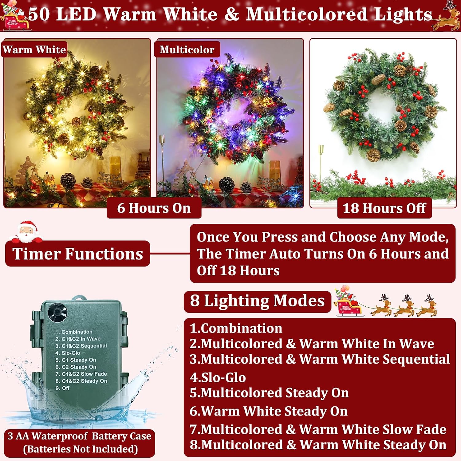24 inch lighted christmas wreaths for front door, christmas wreath outdoor with pinecones berried 50 warm white & multicolor lights 8 modes timer norfolk pine wreath xmas wreaths for home wall window