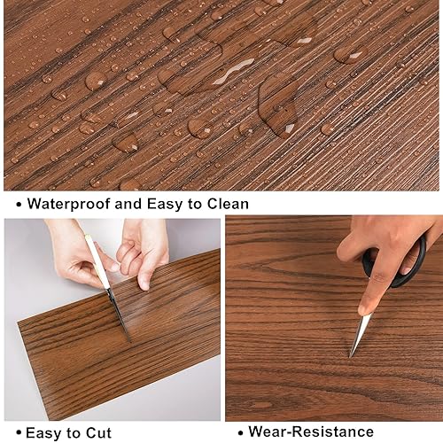 Miniatura 6 de Azulejos de suelo para despegar y pegar, cubierta de 30 pies cuadrados, aspecto de grano de madera roja natural, impermeable, autoadhesiva y Marrón