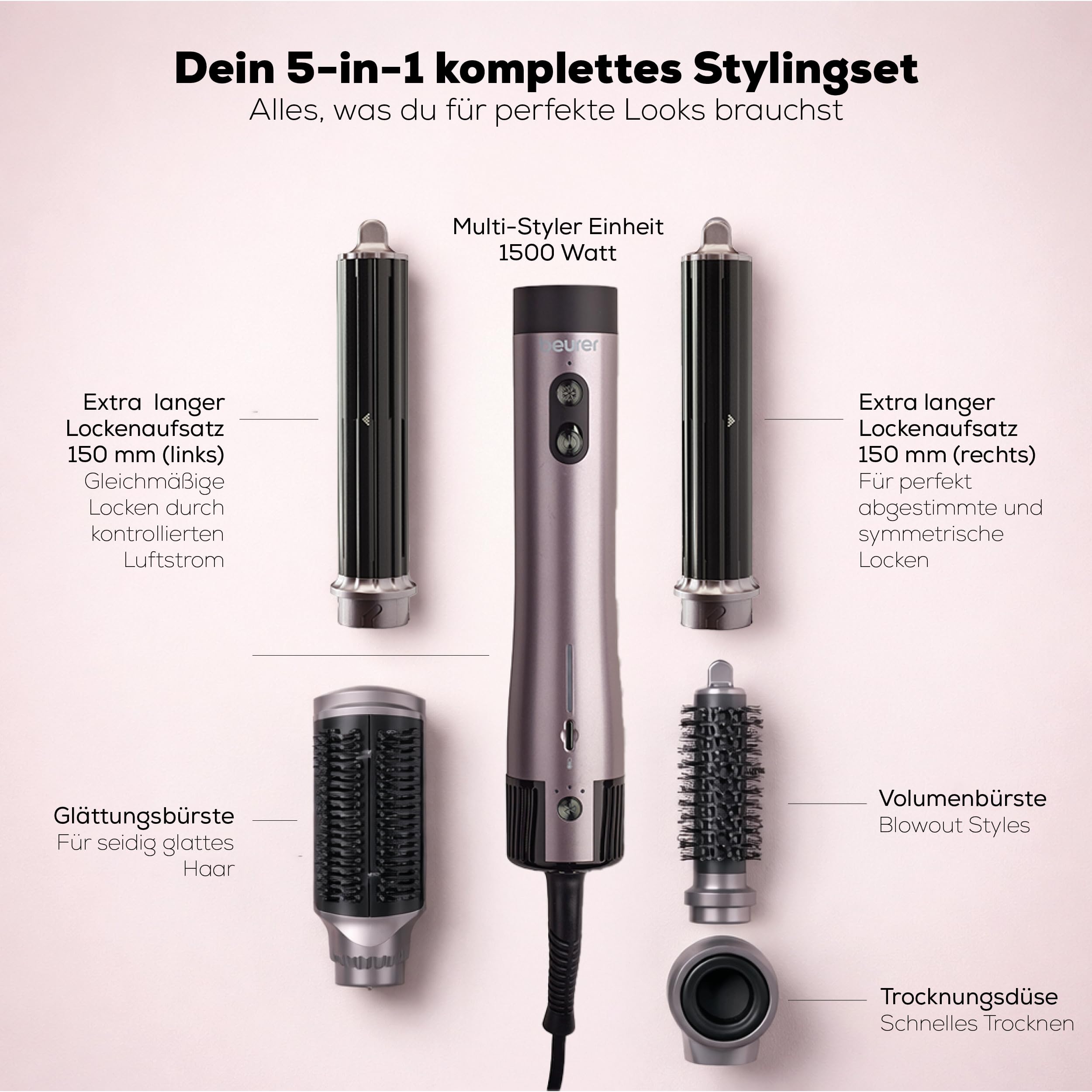 Beurer Airstyler 5-in-1 Iconic Pro, Multifunktionaler Haarstyler für Locken, Glätten & Blowout, 5 Aufsätze