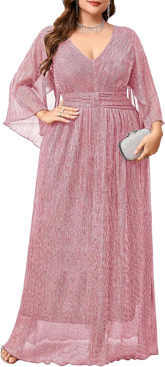 Plus Size Formal Dress Maxi Sparkly V Neck A-line Handkerchief Sleeve Evening Gown Wedding Guest Cocktail Gala