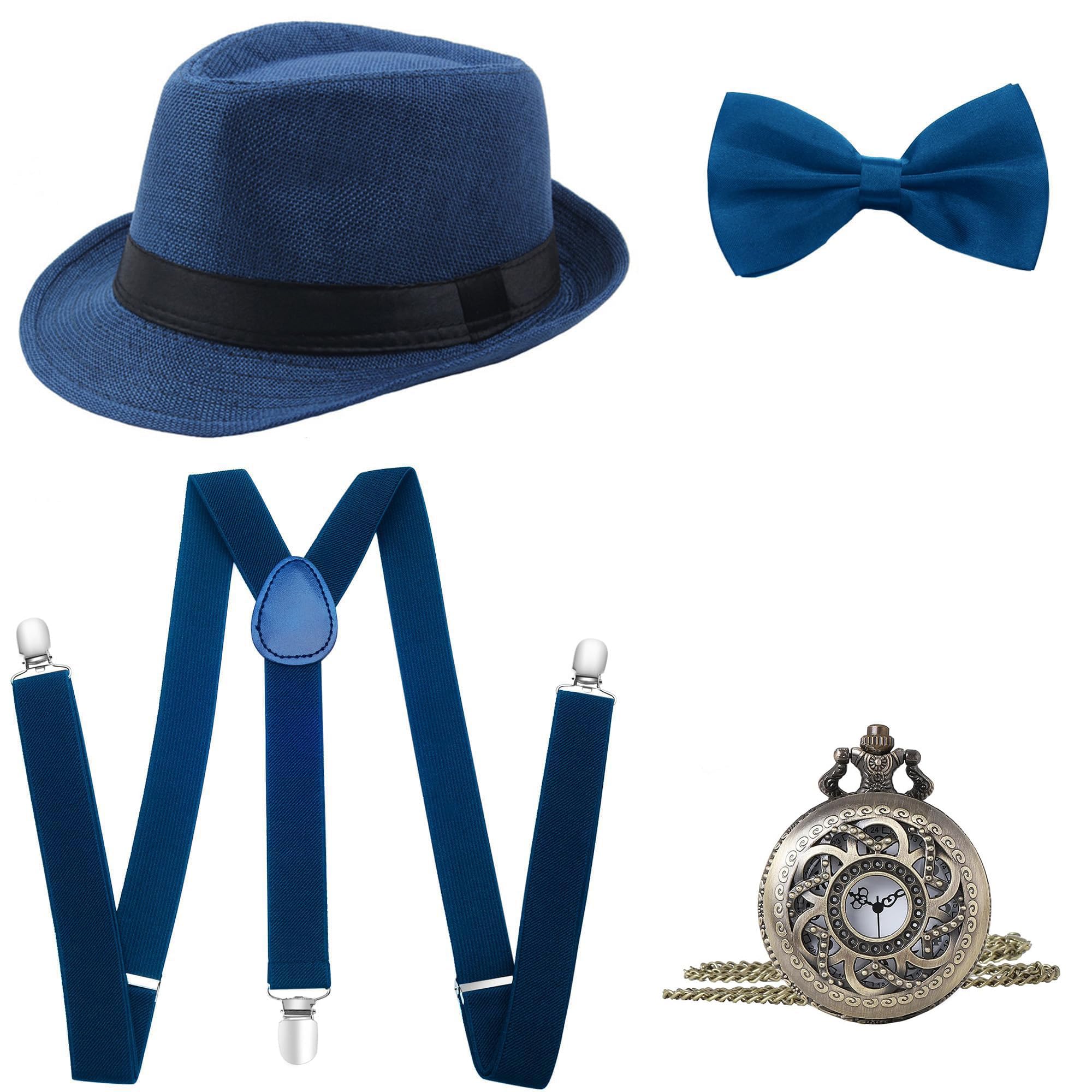 1920s Mens Gatsby Gangster Accessories Set Panama Hat Suspender Bow Tie