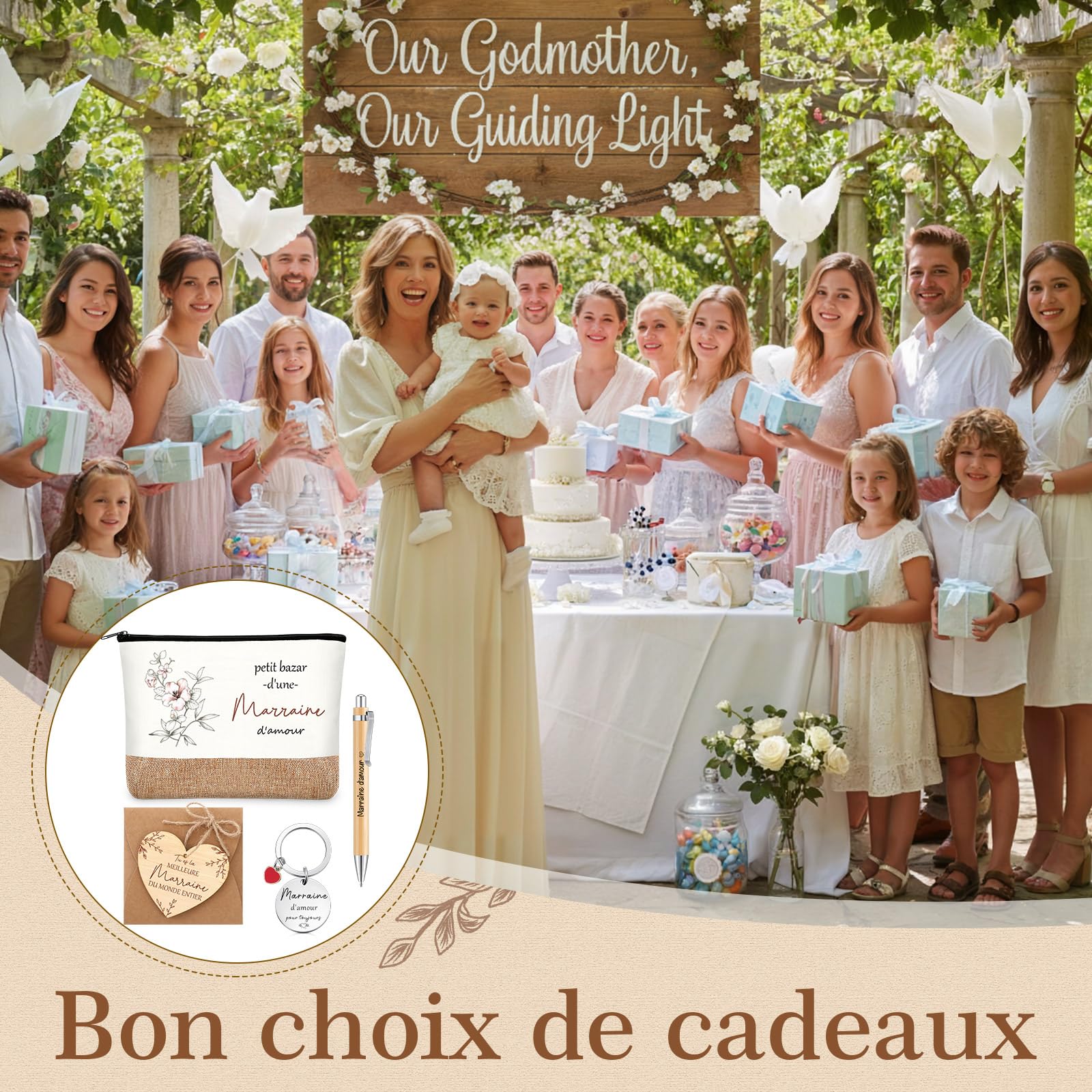 Tenare 6 Pièces Cadeaux pour Marraine Trousse de Maquillage Porte-Clés Stylo à Bille en Bois Plaque en Bois de Cœur avec Ficelle Enveloppe Cadeau Marraine pour Noël Anniversaire Baptême Communion