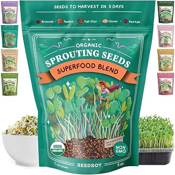 Seedboy Organic Non-GMO Sprouting Seeds, Superfood Blend - USA Grown Microgreens Mix with Broccoli, Radish, Pak Choi, Clover, Red Kale - 8 oz Makes 8 Quarts / 32 Servings Superfood Blend