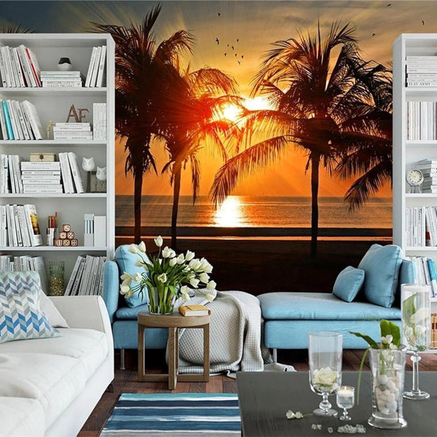 Beach Plants Modern 3D Photo Wall Mural, Ocean Sunset Peel and Stick Self-Adhesive Wallpaper, Removable Wall Decor Sticker for Living Room Bedroom TV Background 157''Wx110''L-PVC