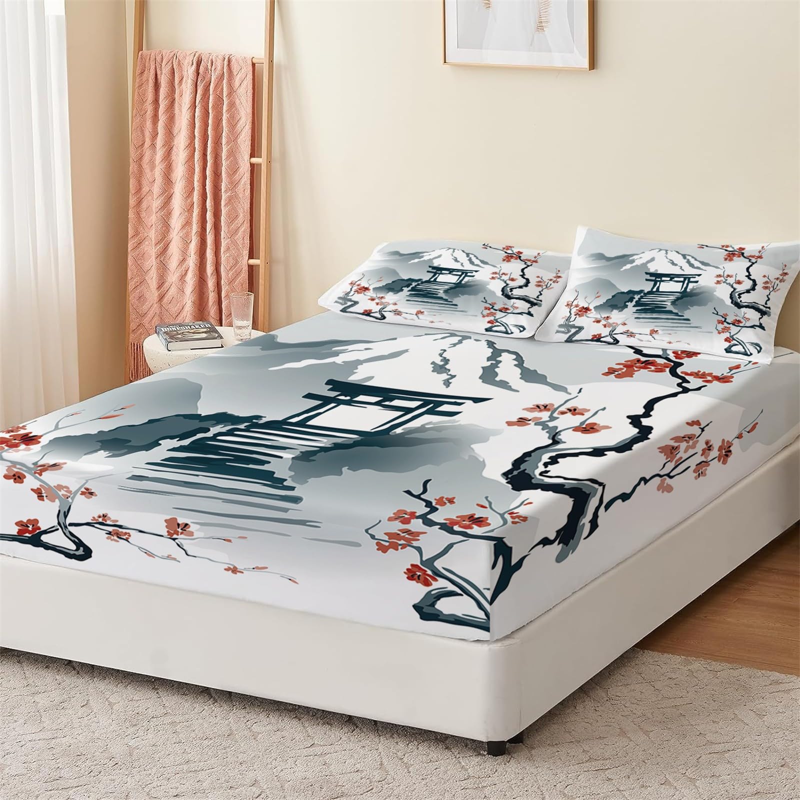 Drap Housse 160x200 cm, Motif Style Japonais de Fleurs de Cerisier Housse de Matelas, Enfants Protection de Matelas 30cm, Drap de lit, Doux Drap Housse Lavable Microfibre avec Taies d'oreiller x2