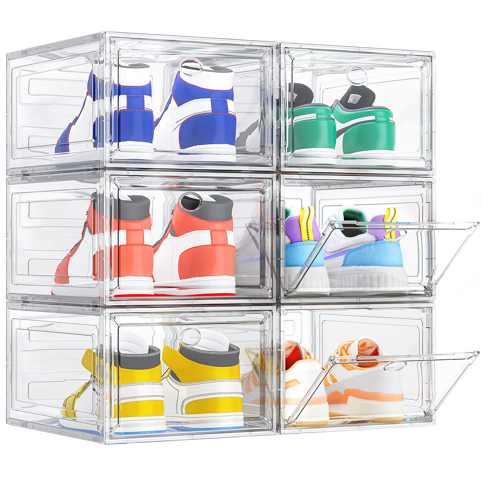 Shoe Storage Box, 6 Pcs Shoe Box Clear Plastic Stackable, Sturdy Foldable Shoe Organizer Containers with Magnetic Door for Women/Men, White