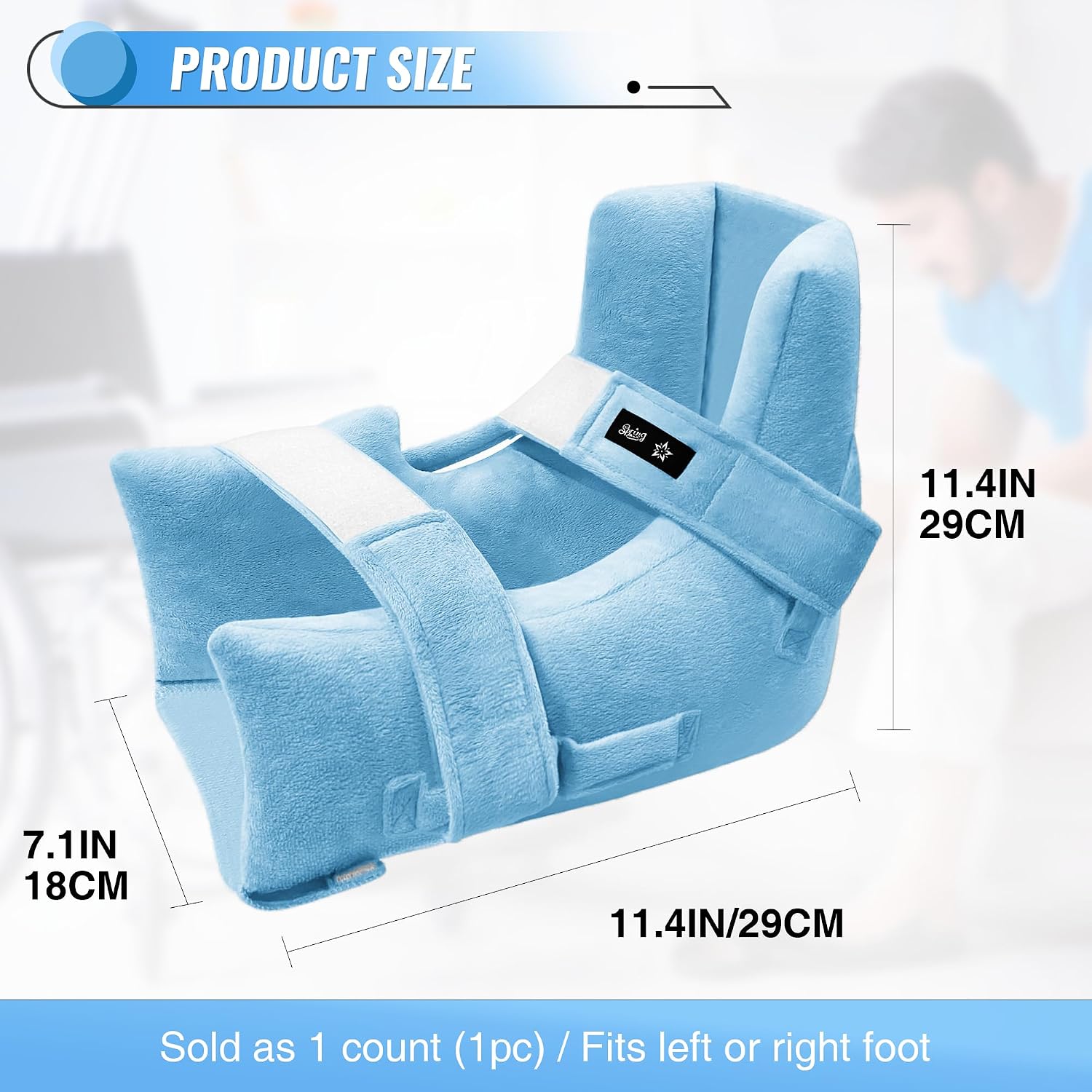 SPRING SEAON Heel Protectors for Pressure Sores, Heel Cushion Protectors with Hot/Cold Pack Pocket, Silver Fox Plush Ankle Pillow for Heel Pain Relief, Adjustable Foot & Ankle Straps (1 Piece, Blue)