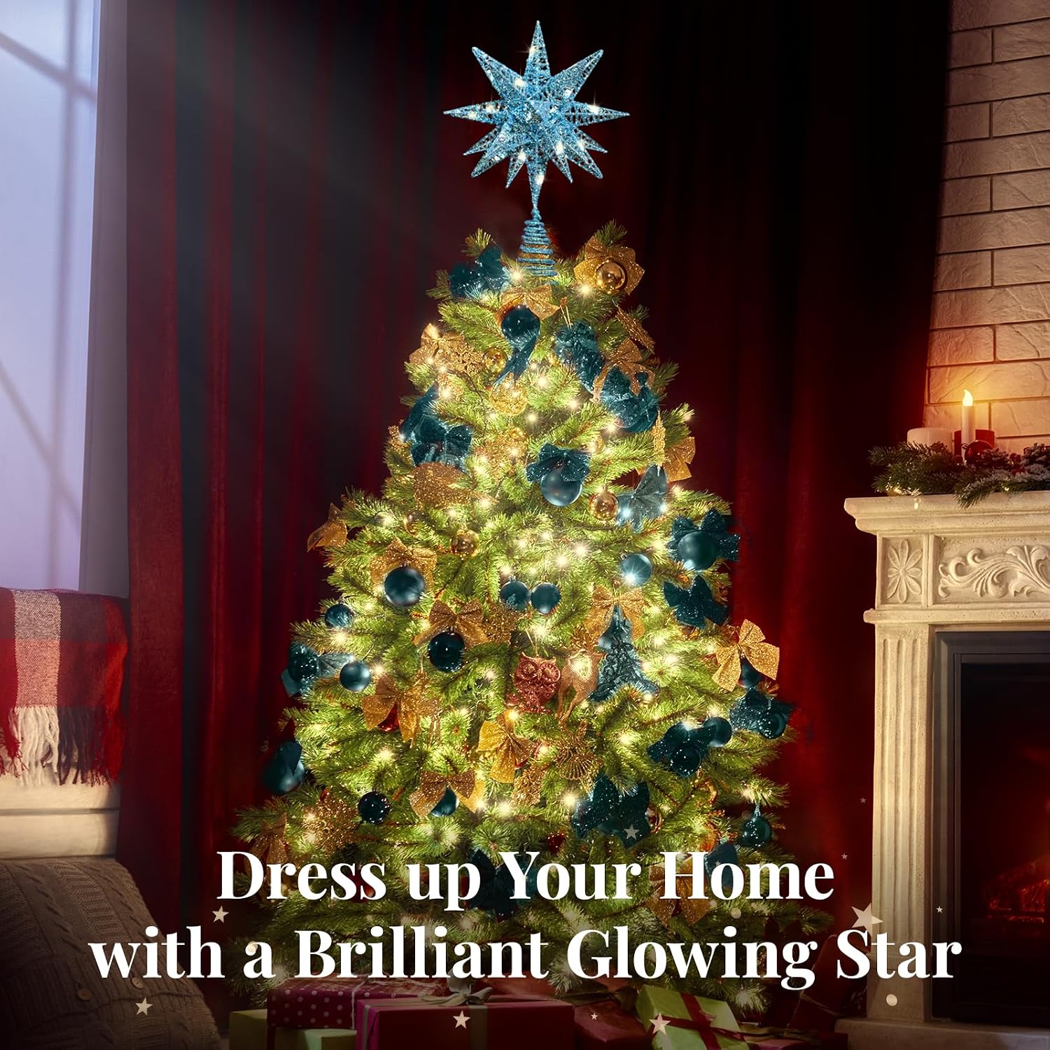 Lewondr Christmas Tree Topper, Plug in 3D Starburst Xmas Lighted Star Tree Topper, Remote Control & Timer Light Up Vintage Moravian Tree Topper for Christmas Decoraiton, Warm Light, Sky Blue