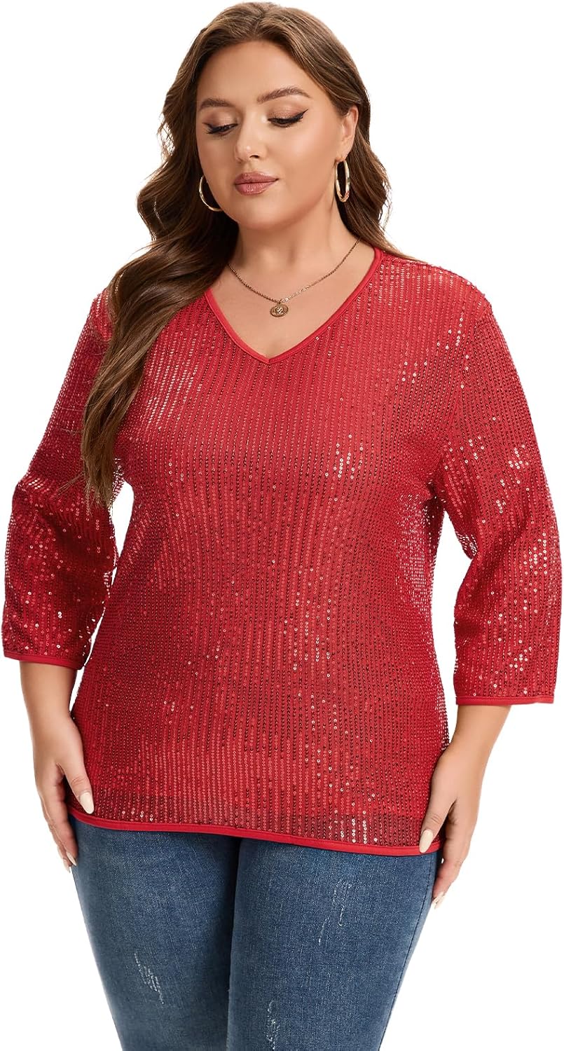 MINTLIMIT Women Plus Size XL-5XL Sequin Tee Shirt Sparkle Glitter V-Neck Short Sleeve Crop Sexy Tunics Tops Party Disco Club - Image 5