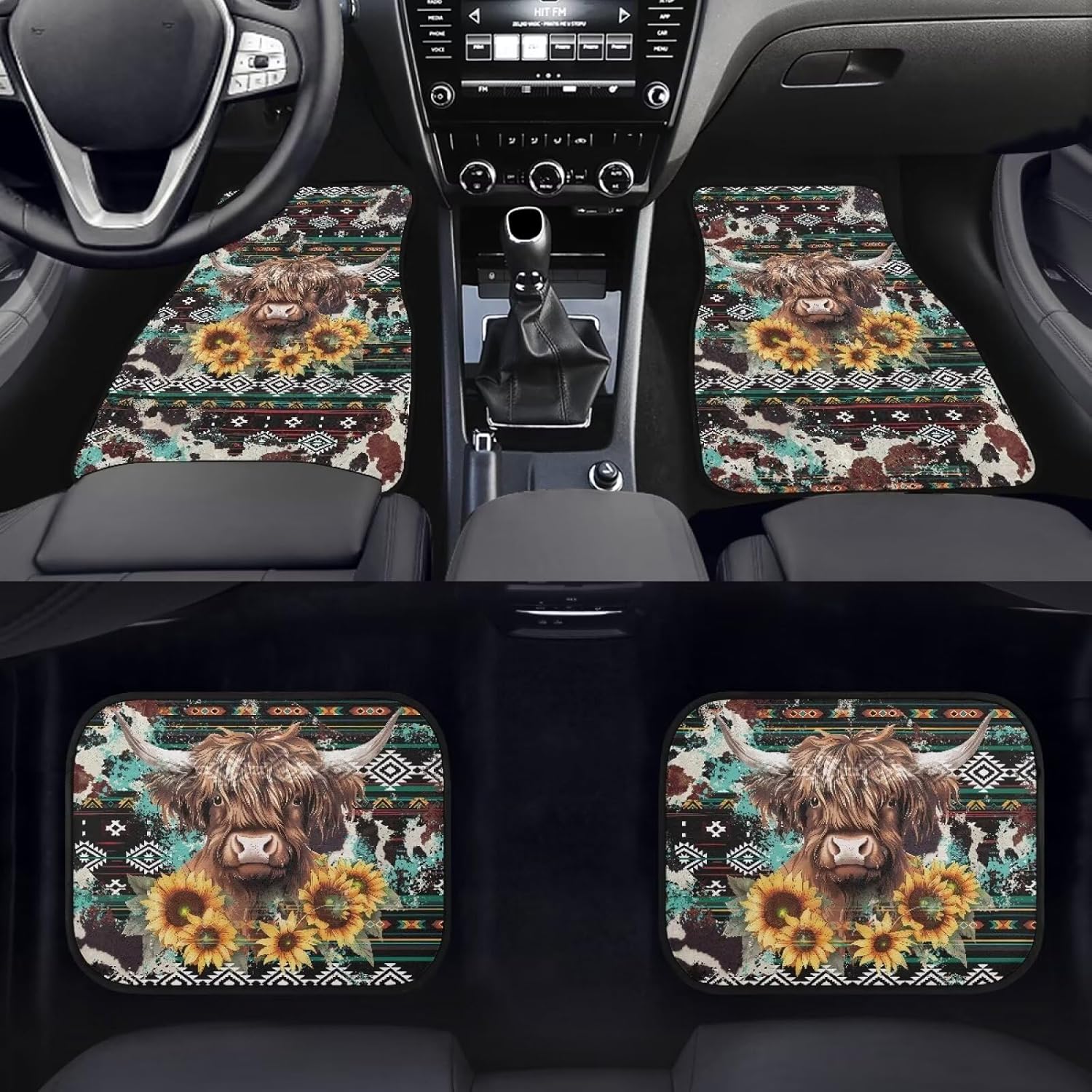 Wanyint Aztec Highland Cow Cattle Sunflower Auto Carpet Floor Mats for Car Van Truck SUV, 4 Pieces Front & Rear Full Set with Rubber Backing Universal Fit for Most Vehicles