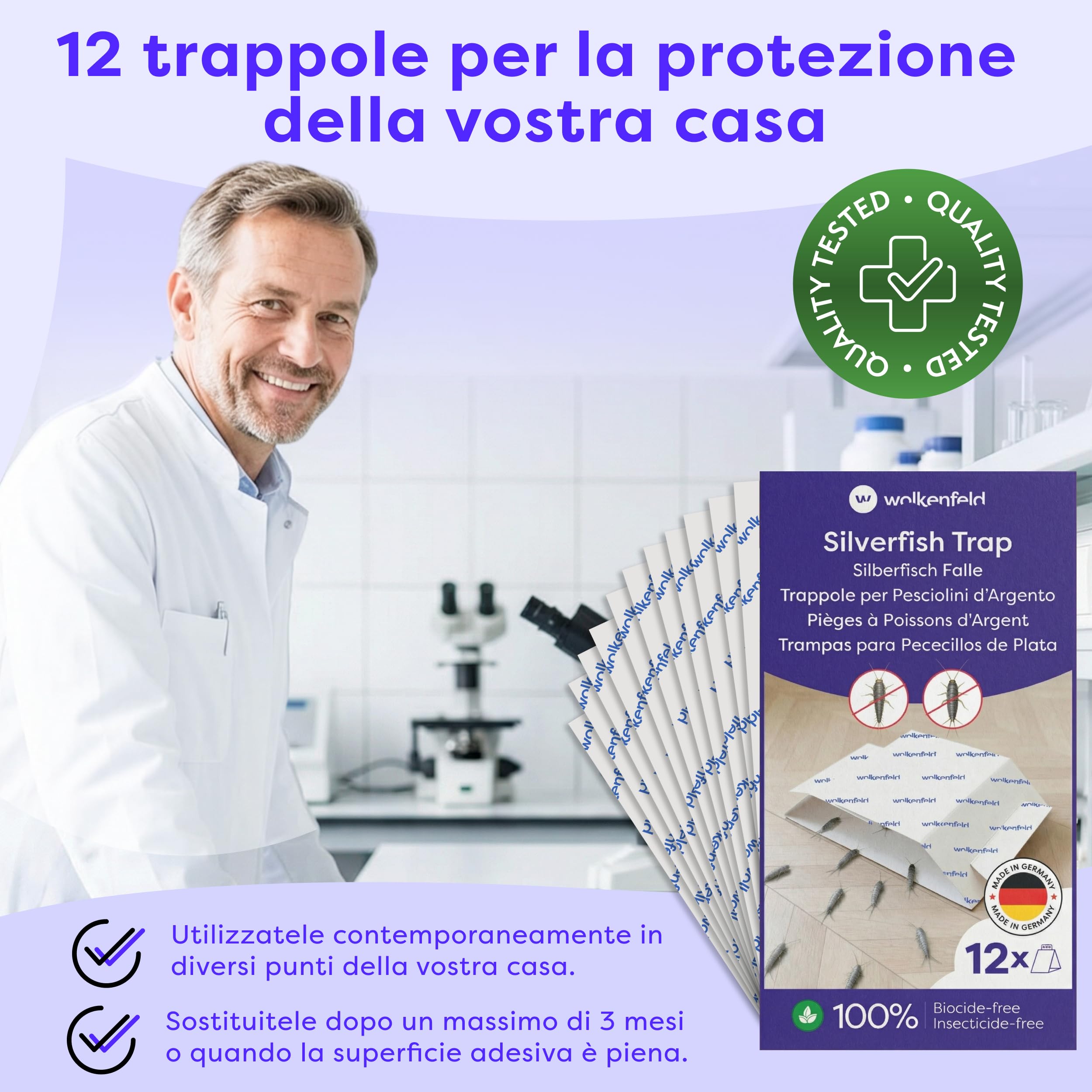 Wolkenfeld Trappola Pesciolini D'argento – Esca Naturale Adesiva Anti Pesciolini D'argento – Monitoraggio Casa e Bagno – 100% Senza Spray né Biocidi – Prodotto in Germania – 12 Fogli Adesivi