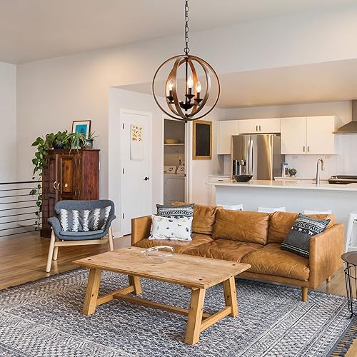 Miniatura 5 de LOG BARN Candelabros de granja, globo de madera falsa colgante de 3 luces para comedor y sala de estar, dormitorio, vestíbulo y entrada