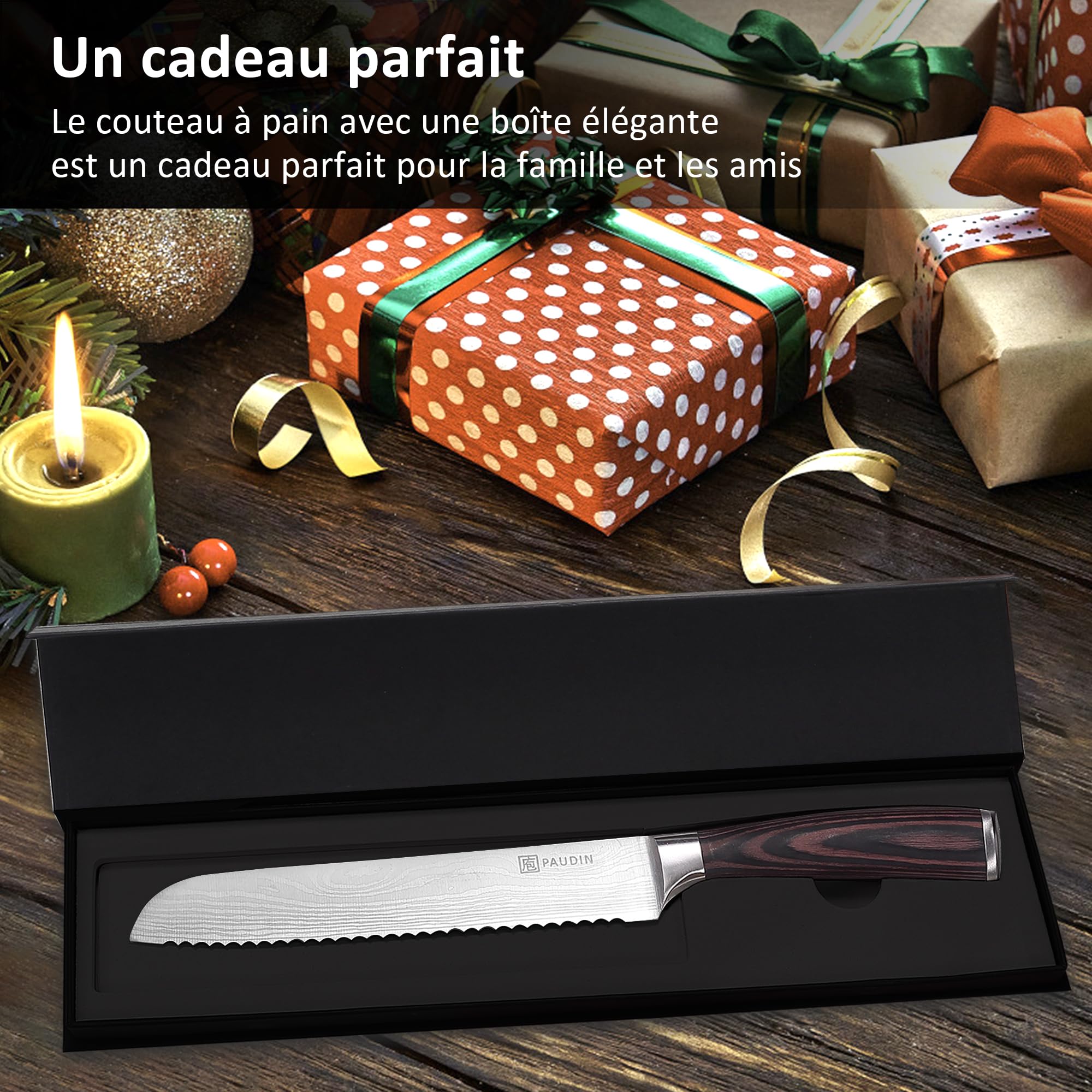 PAUDIN Couteau à Pain 8 Pouces Couteau de Cuisine à Lame Dentelée, Couteau en Acier Inoxydable à Haute Teneur en Carbone Allemand pour Couper Les Pains, Gâteaux