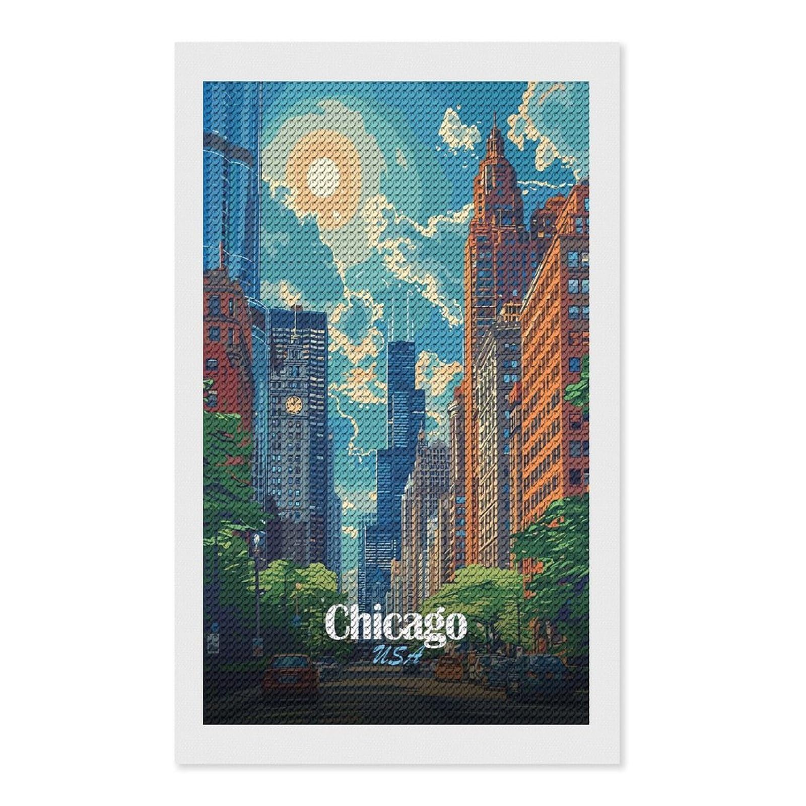Junmoney Chicago Cityscape Illustration Diamond Painting Set 12"x20", Neat Printed Canvas, with Tool Kit, Bedroom Decor, Gift Idea, Complete Accessories